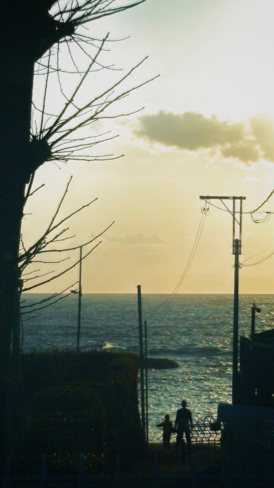 海辺の夕暮れに立つ電線と人影のある小さな桟橋