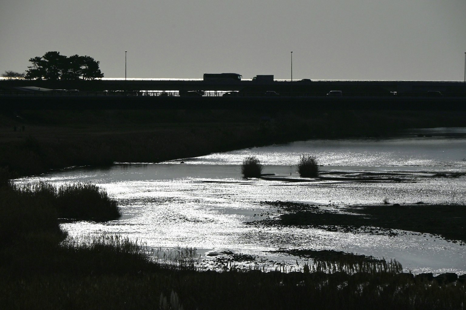 Serene water surface reflection with distant vehicles visible