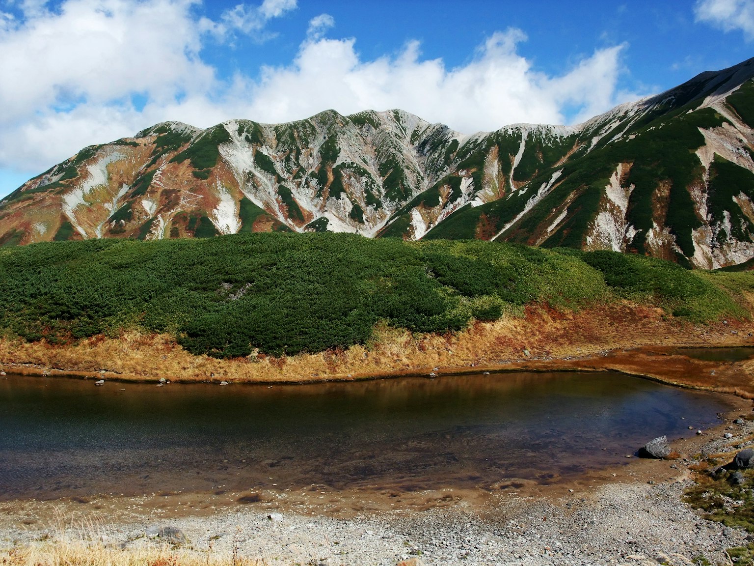 Vista panoramica di uno stagno tranquillo circondato da vegetazione lussureggiante e maestose montagne