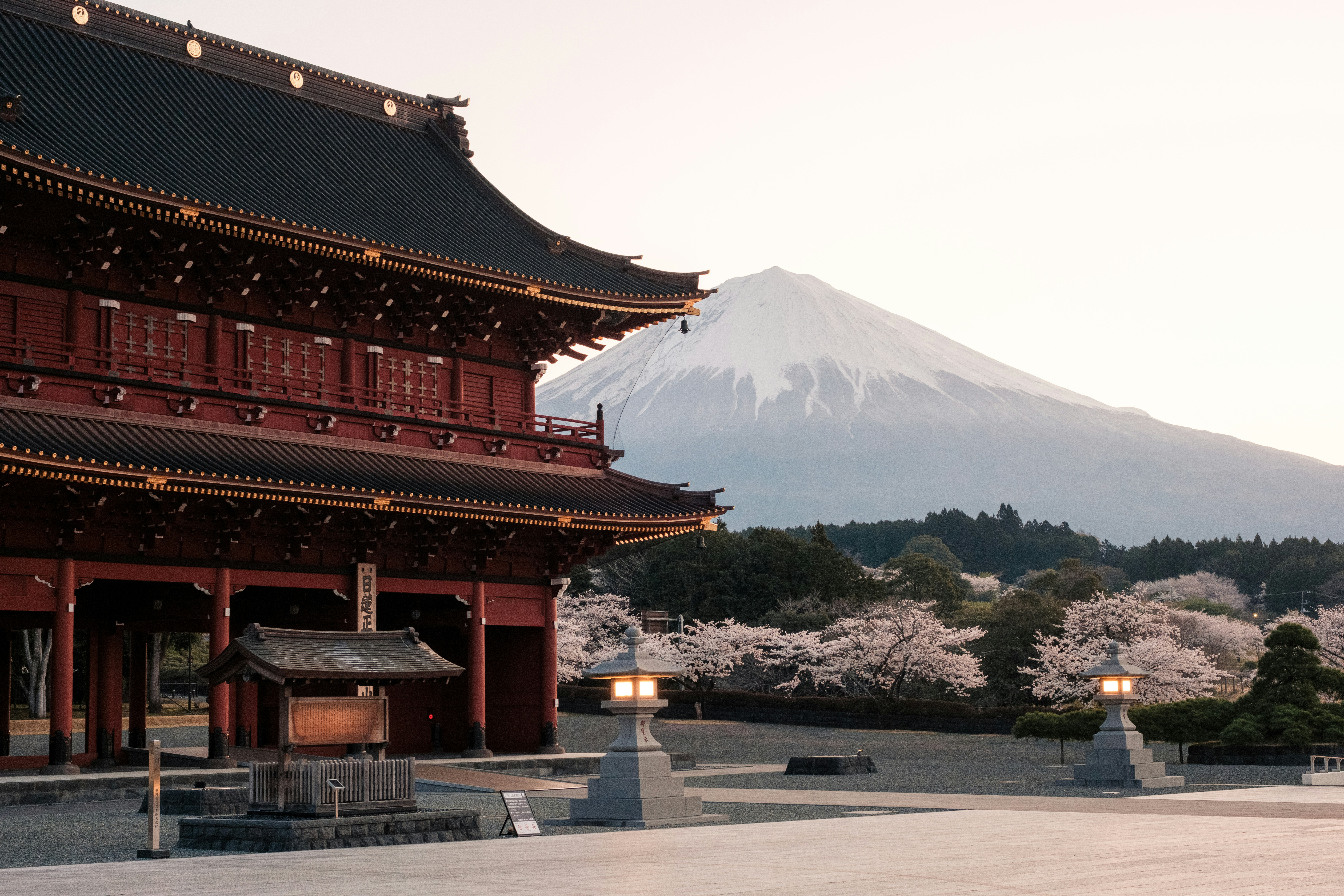 桜咲く寺院の中庭と遠景の山並み