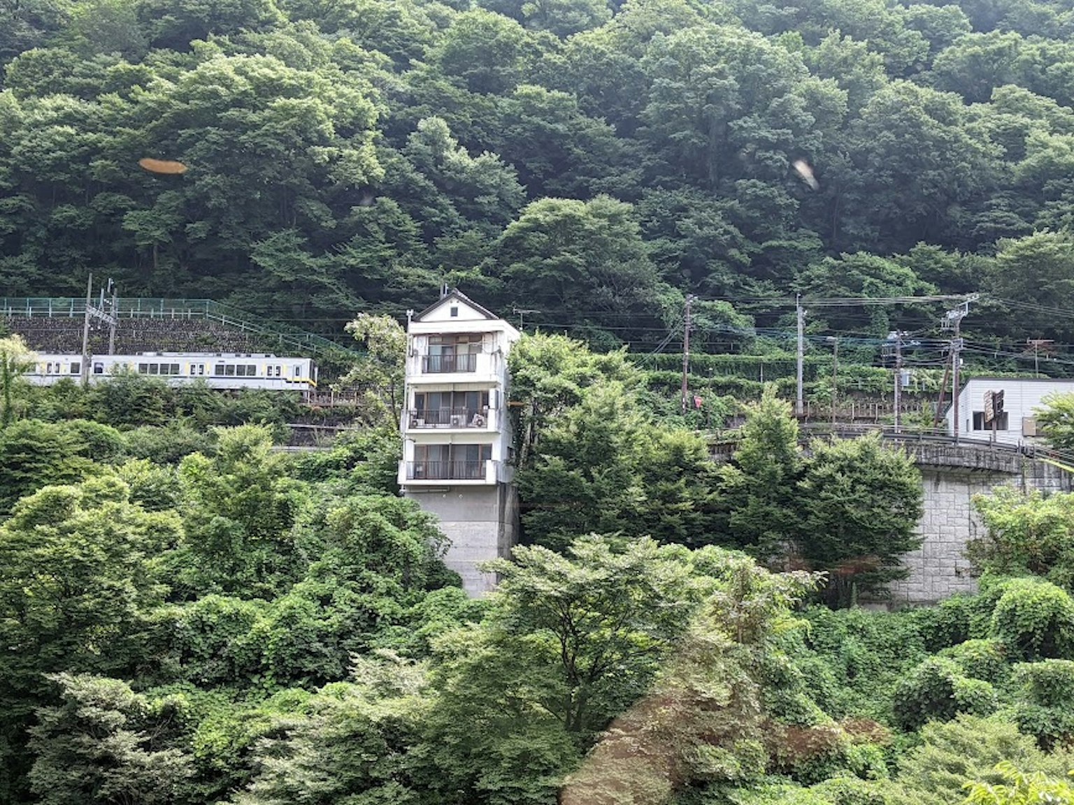 一棟白色建築坐落在郁郁蔥蔥的山中，附近有鐵路