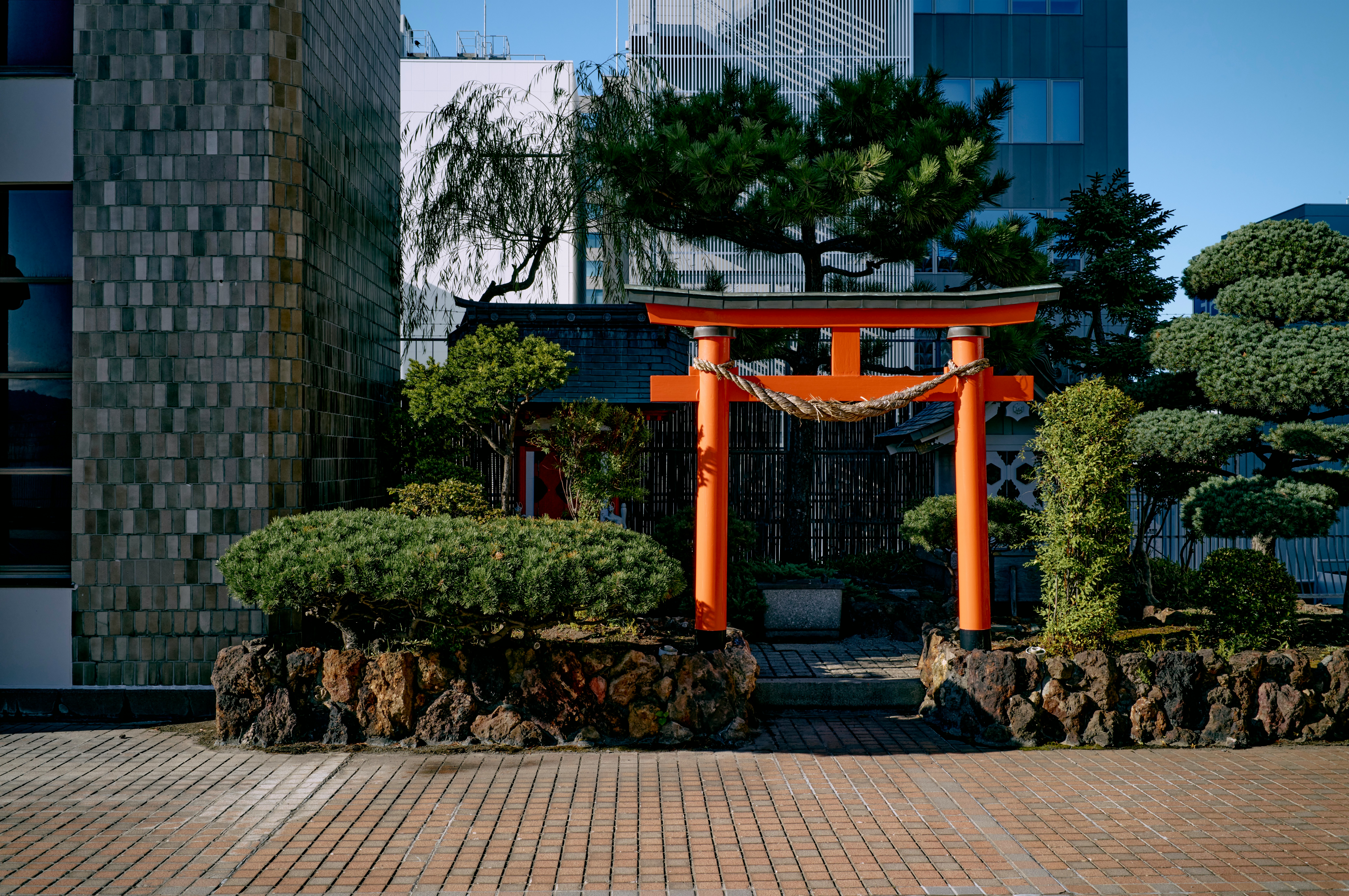 石畳の前に立つ朱色の鳥居と庭の緑の景観