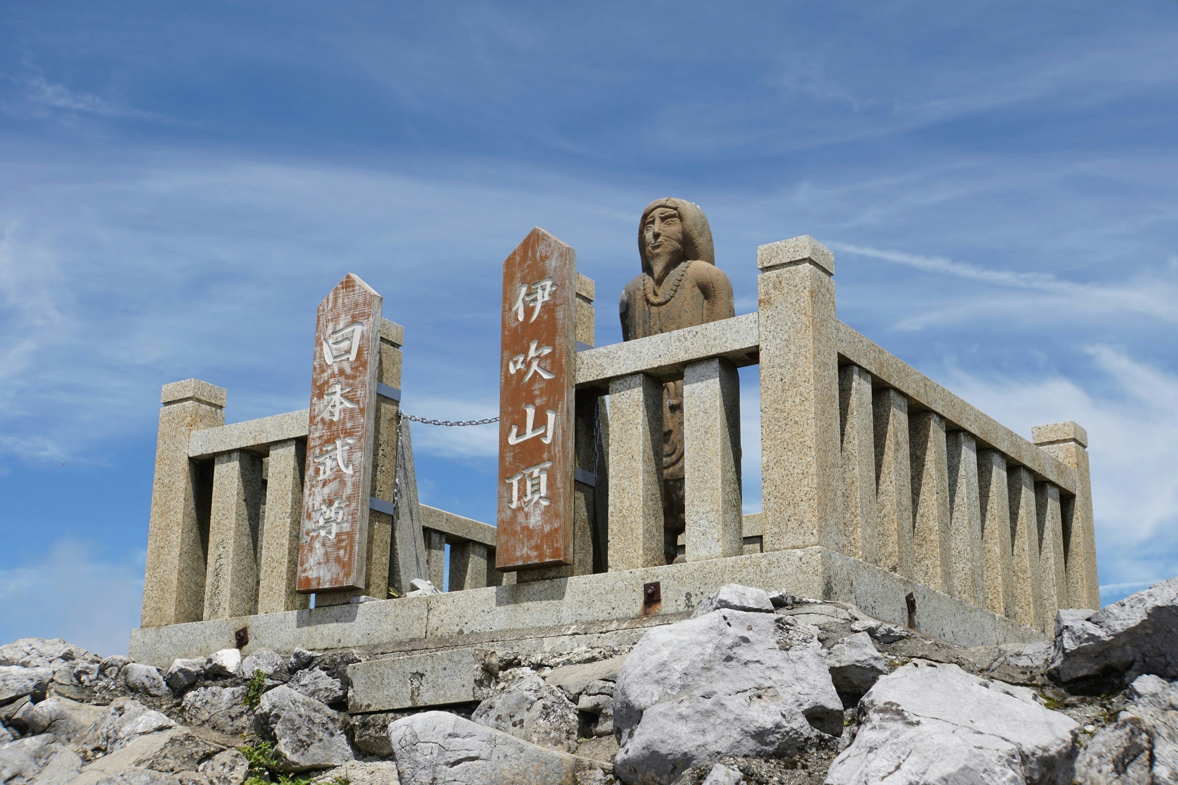 山頂の石碑と石の柵、青空の下の景色