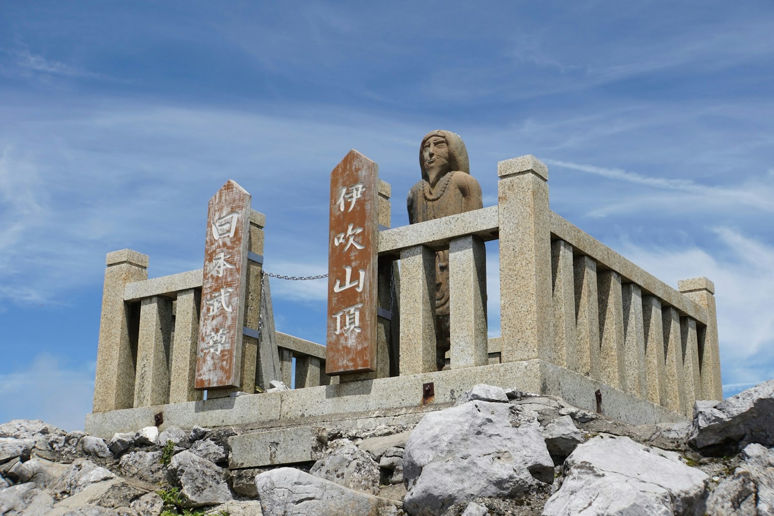 Stone sculptures and markers at the mountain summit