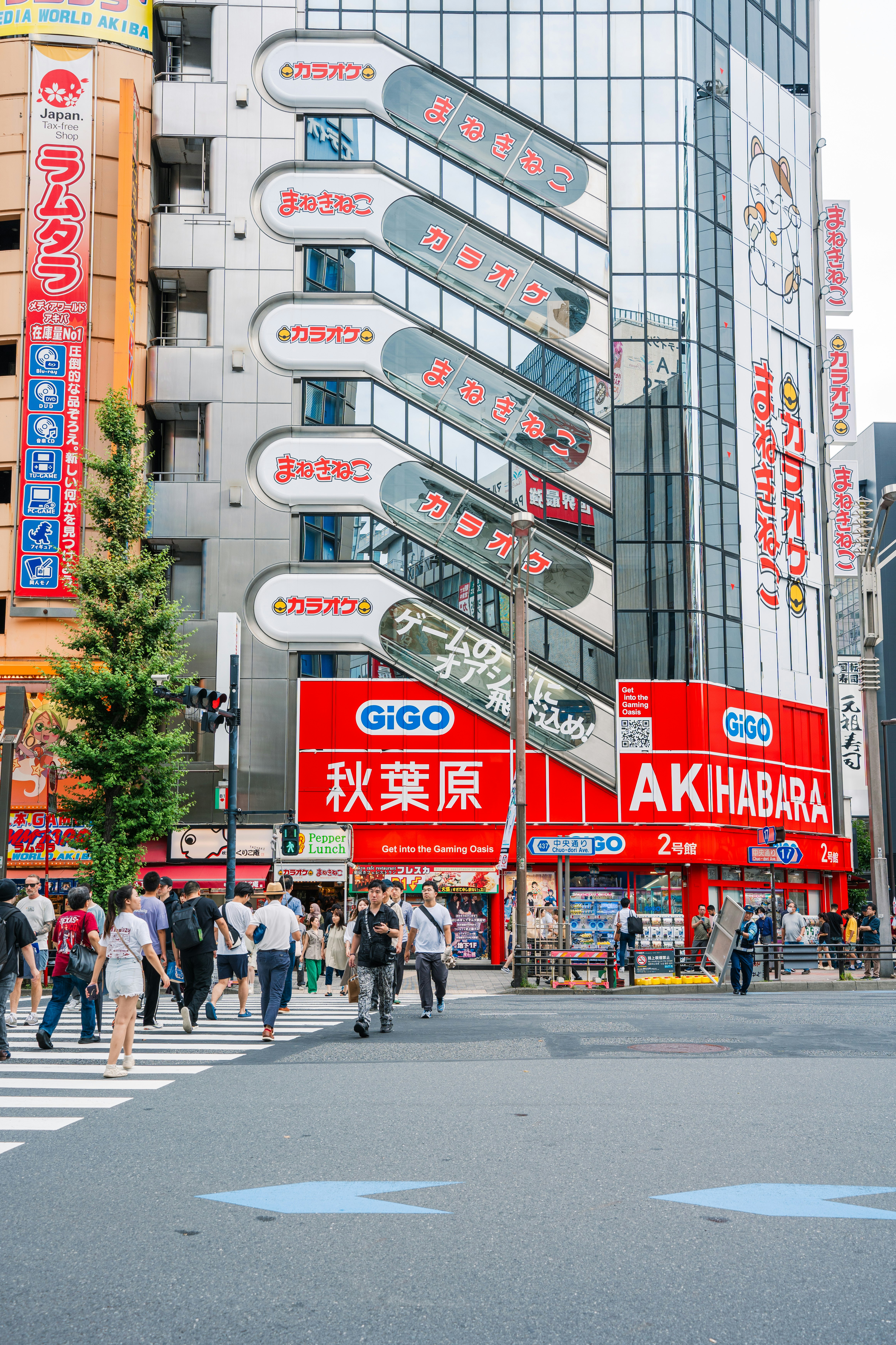strada di Akihabara con edifici commerciali e pedoni