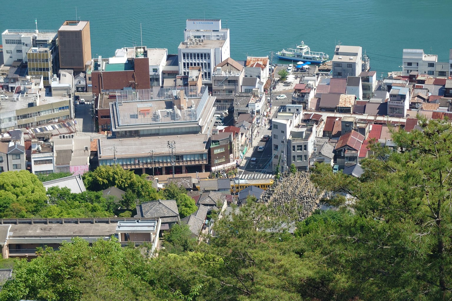해안 도시의 공중 사진 건물과 녹지