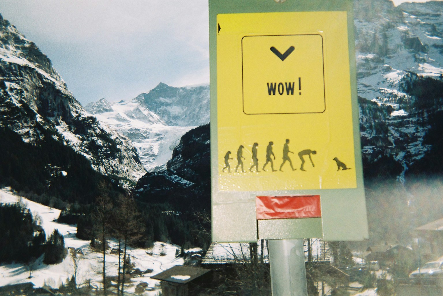 Yellow sign showing evolution of species with the word WOW against a mountain background