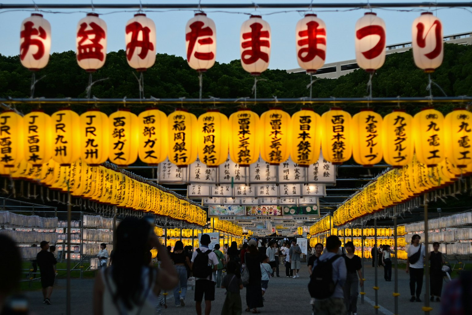 盂蘭盆節的夜景，排成行的燈籠和人群