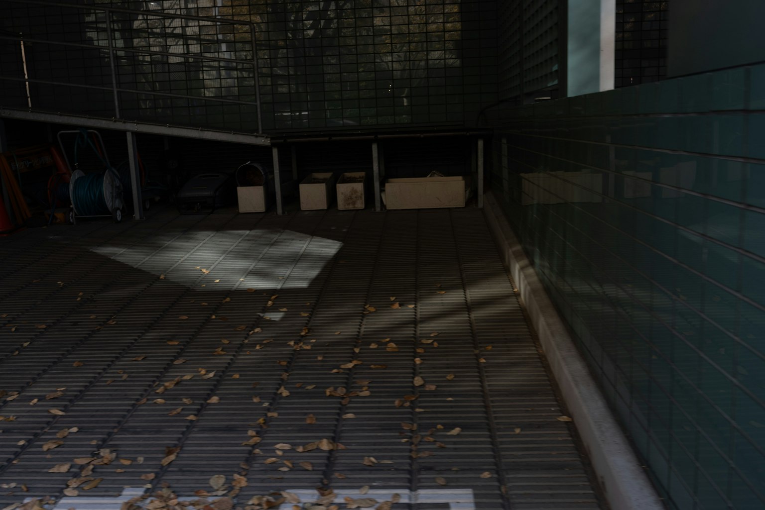 An area with tiled flooring scattered with fallen leaves and a beam of light