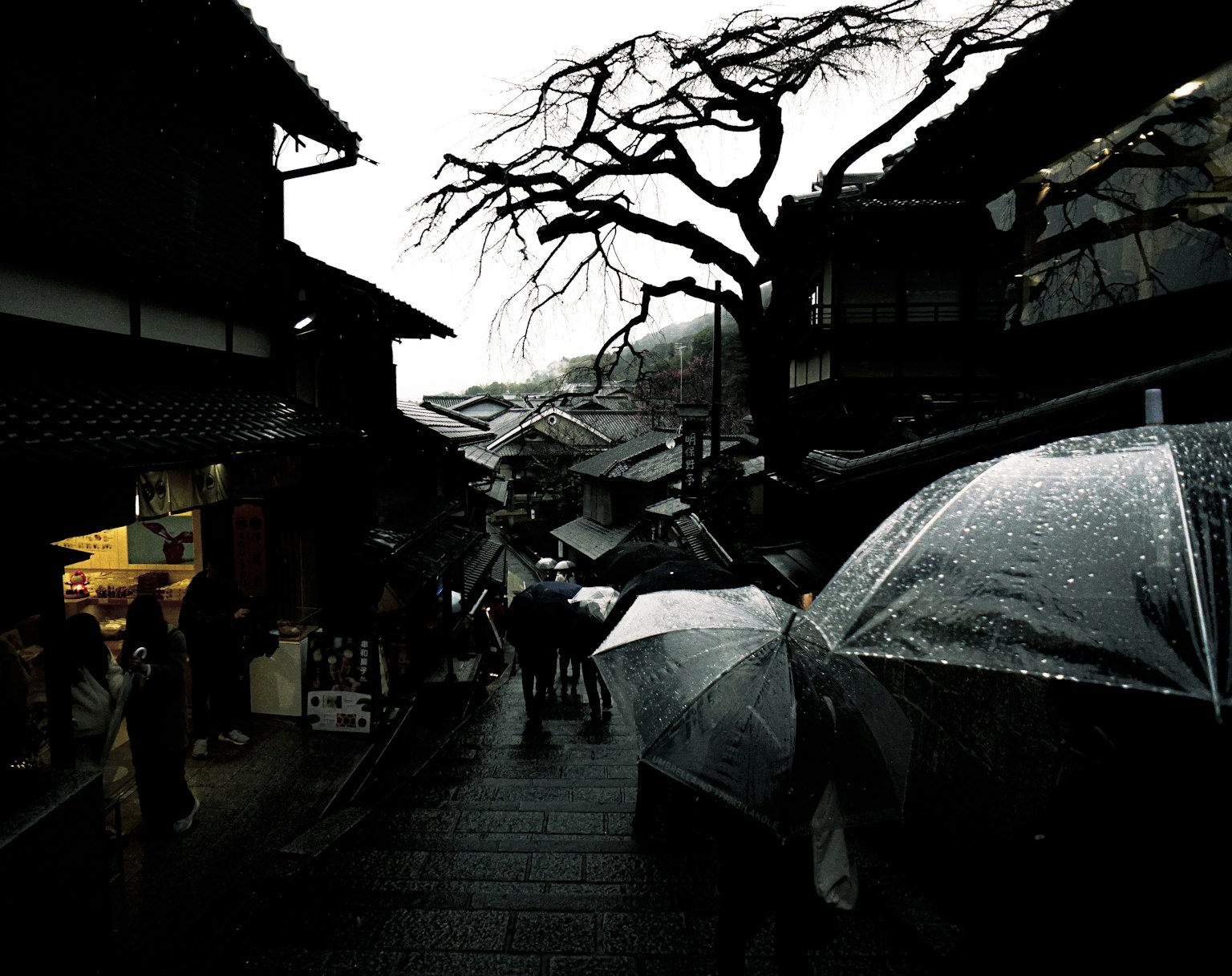 雨中老街景和撑着伞的人们