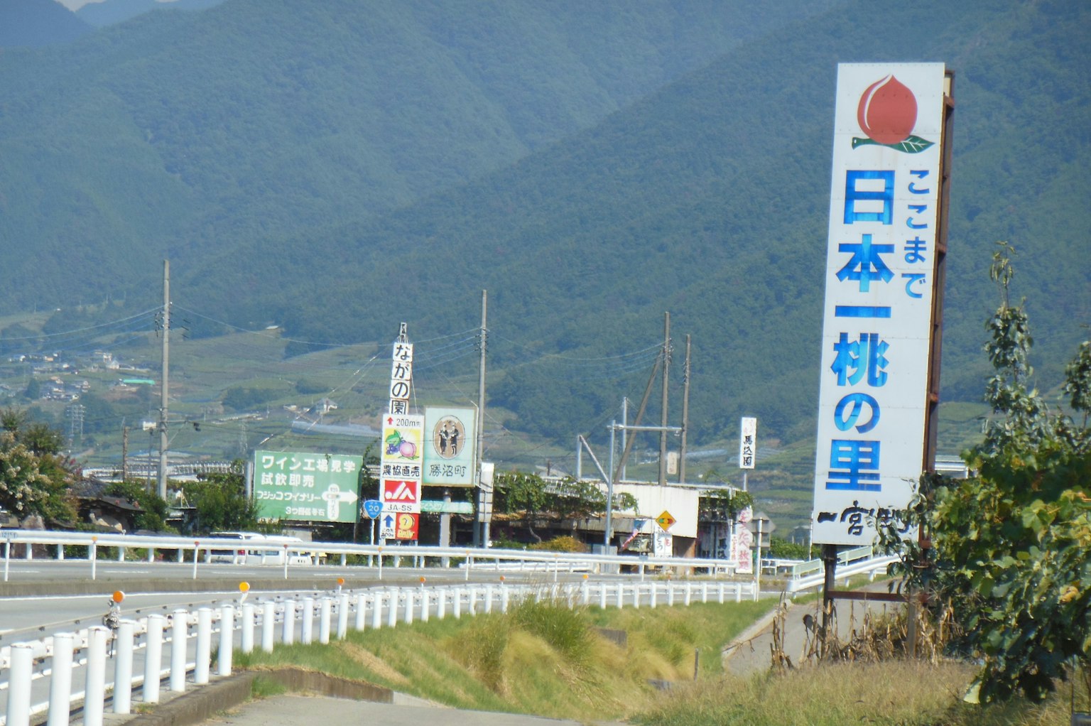산을 배경으로 한 일본 최고의 복숭아 마을 도로 표지판의 경치