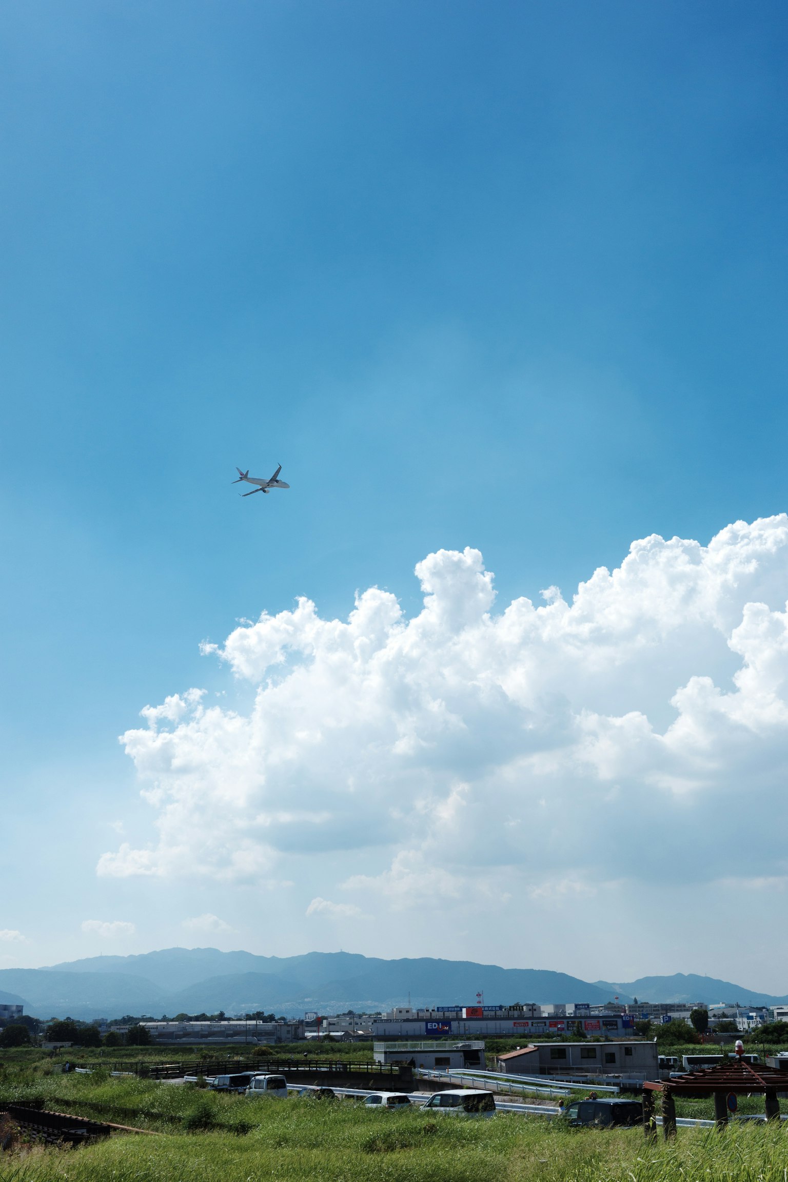 青空の下で飛行機が飛んでいる風景 緑の草地と山々が背景にある