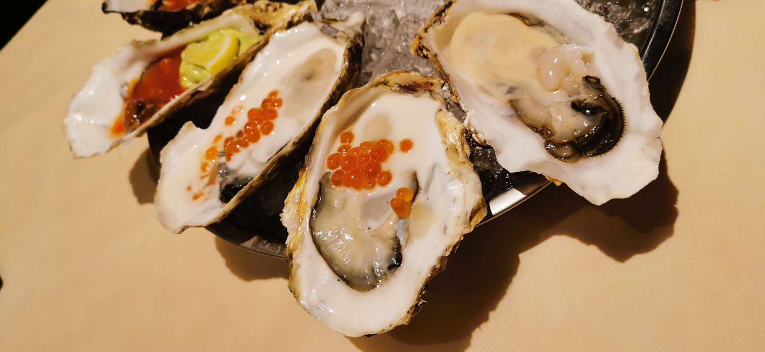 Fresh oysters beautifully presented on a plate with various toppings