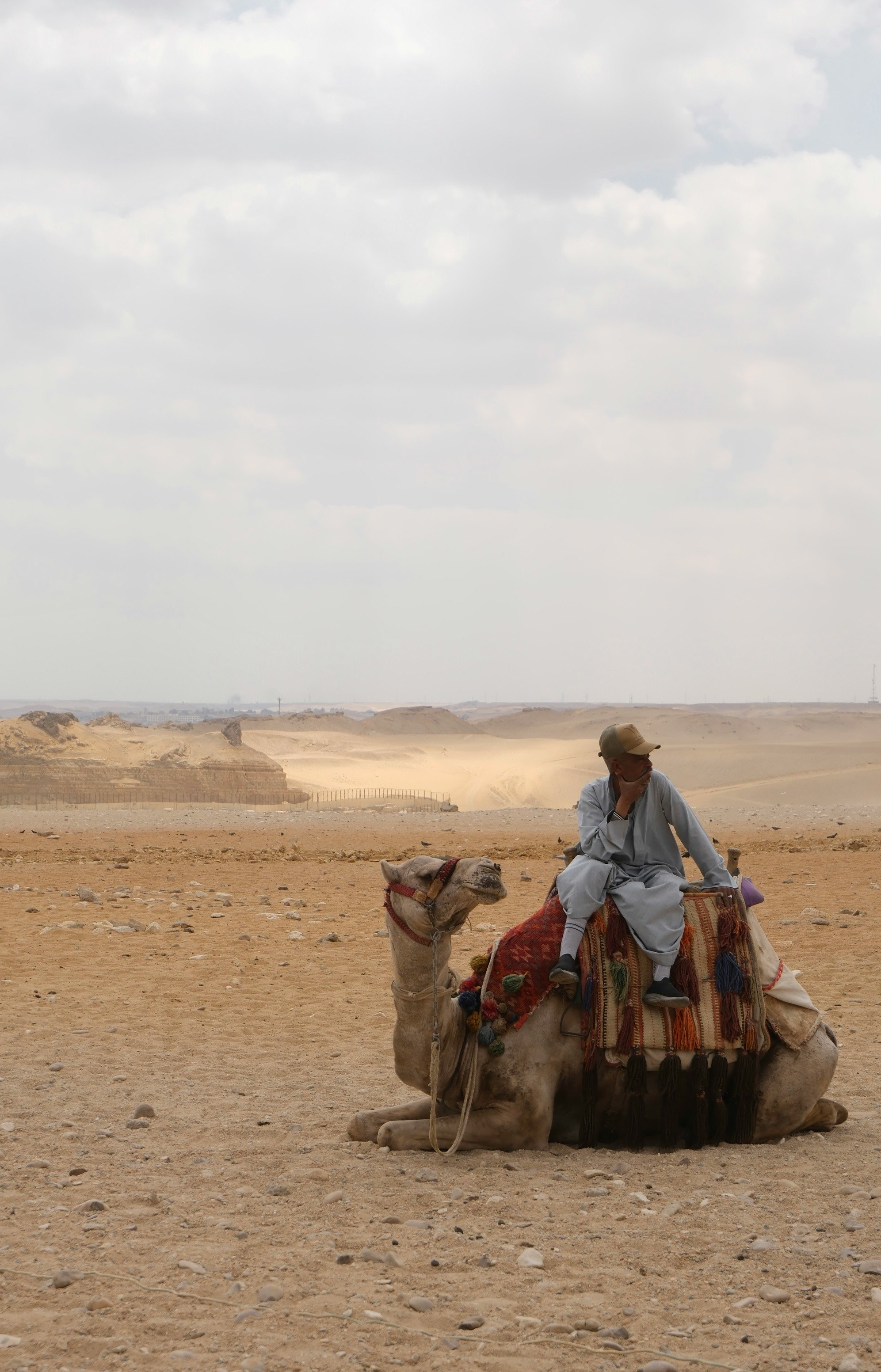 砂漠でラクダに乗る旅人と荷物のある風景