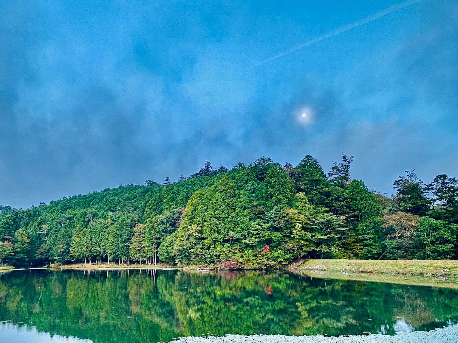 Lago sereno con un paesaggio forestale lussureggiante che riflette la luna su acqua calma