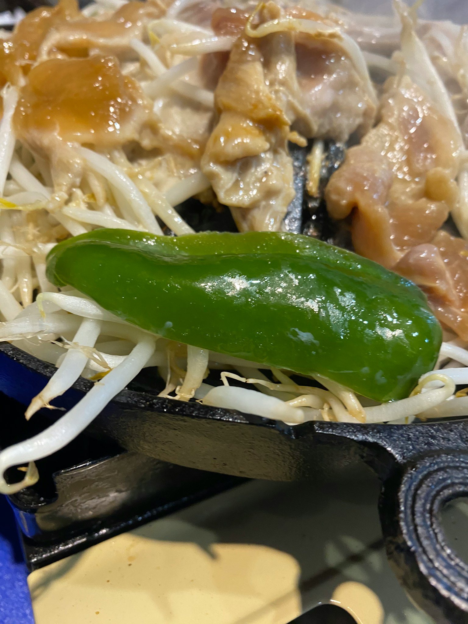 Plato chisporroteante de pollo y brotes de soja en una plancha caliente con un pimiento verde