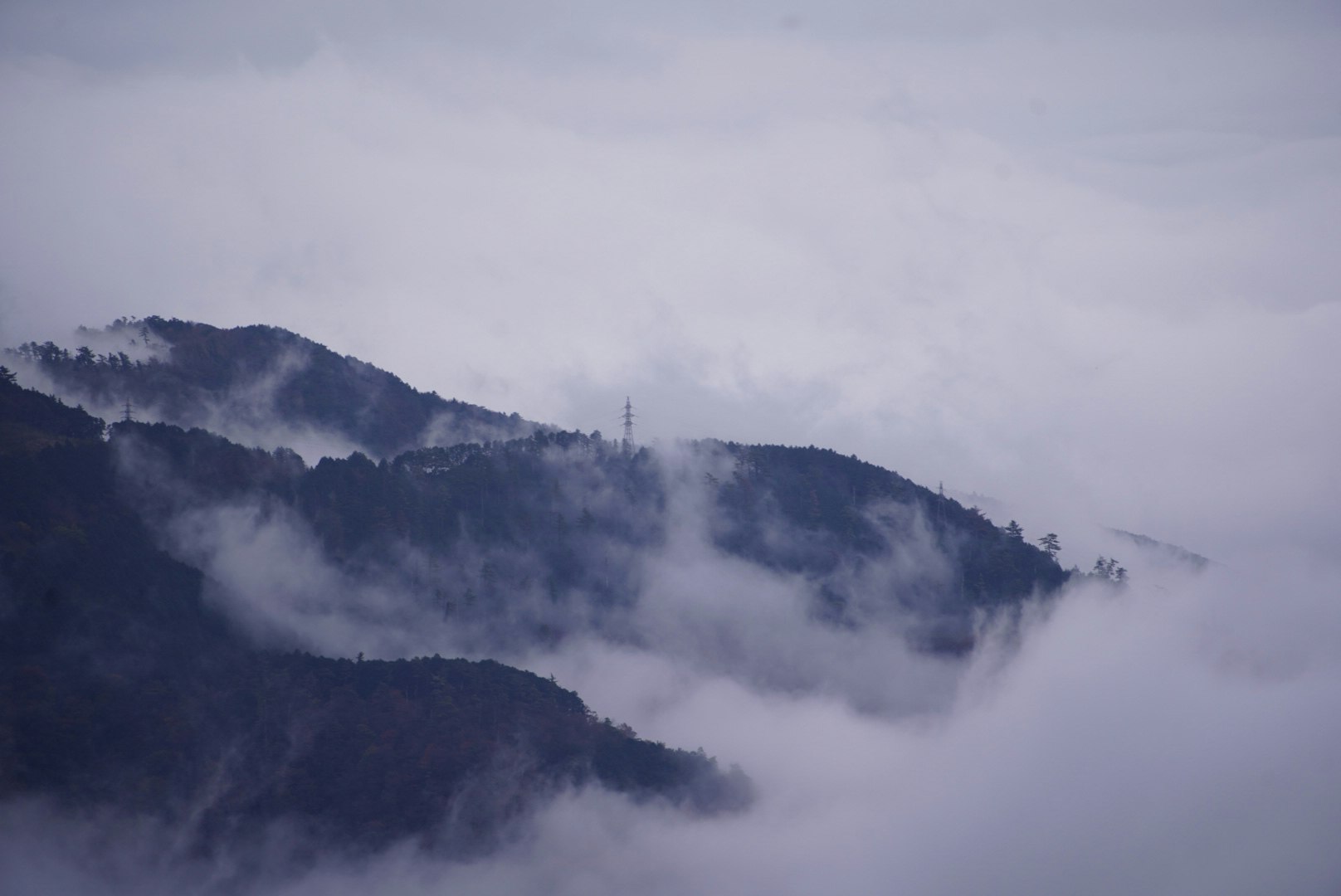 pemandangan punggung gunung tertutup kabut