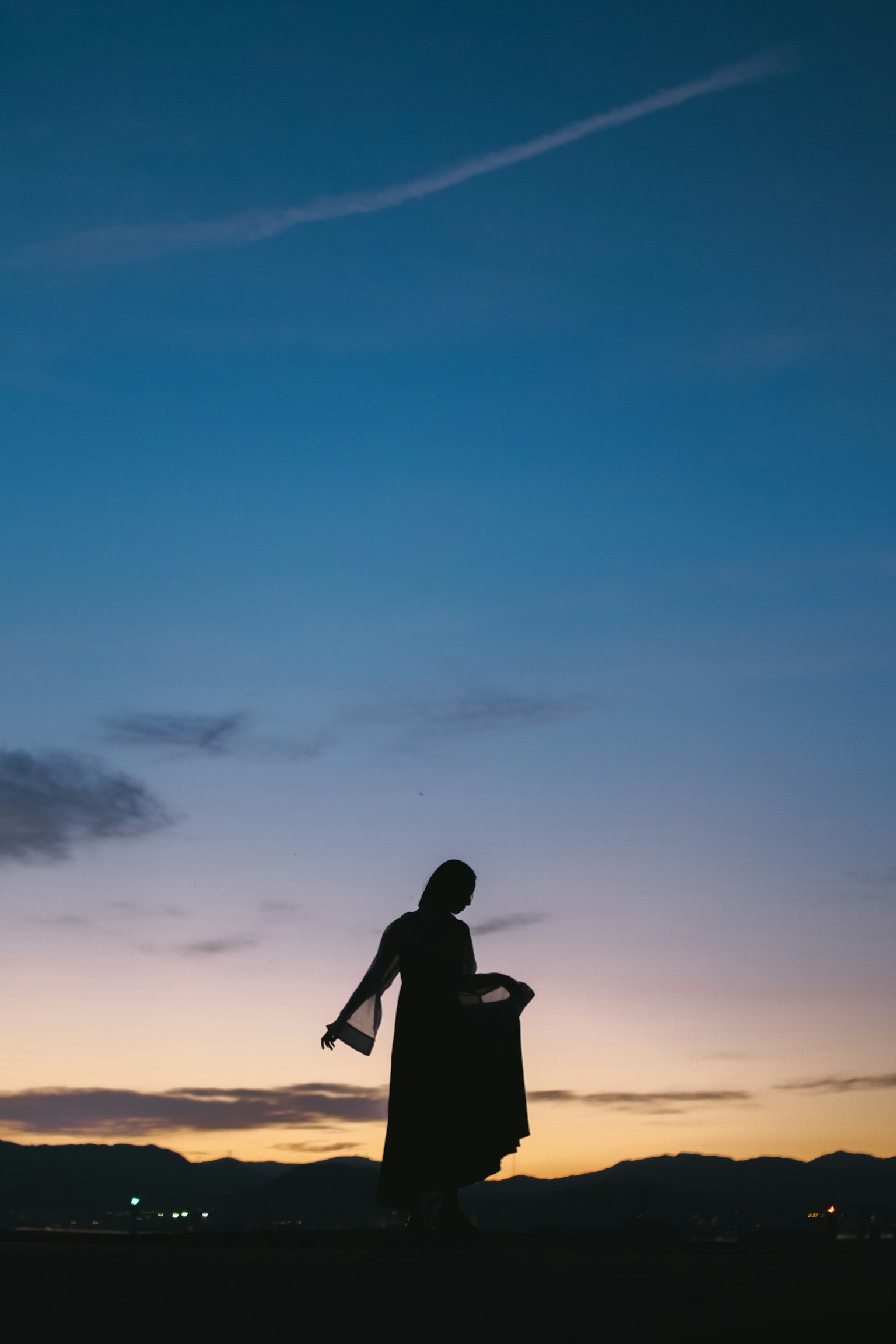 Silhouette of a woman holding clothing at dusk against a colorful sky