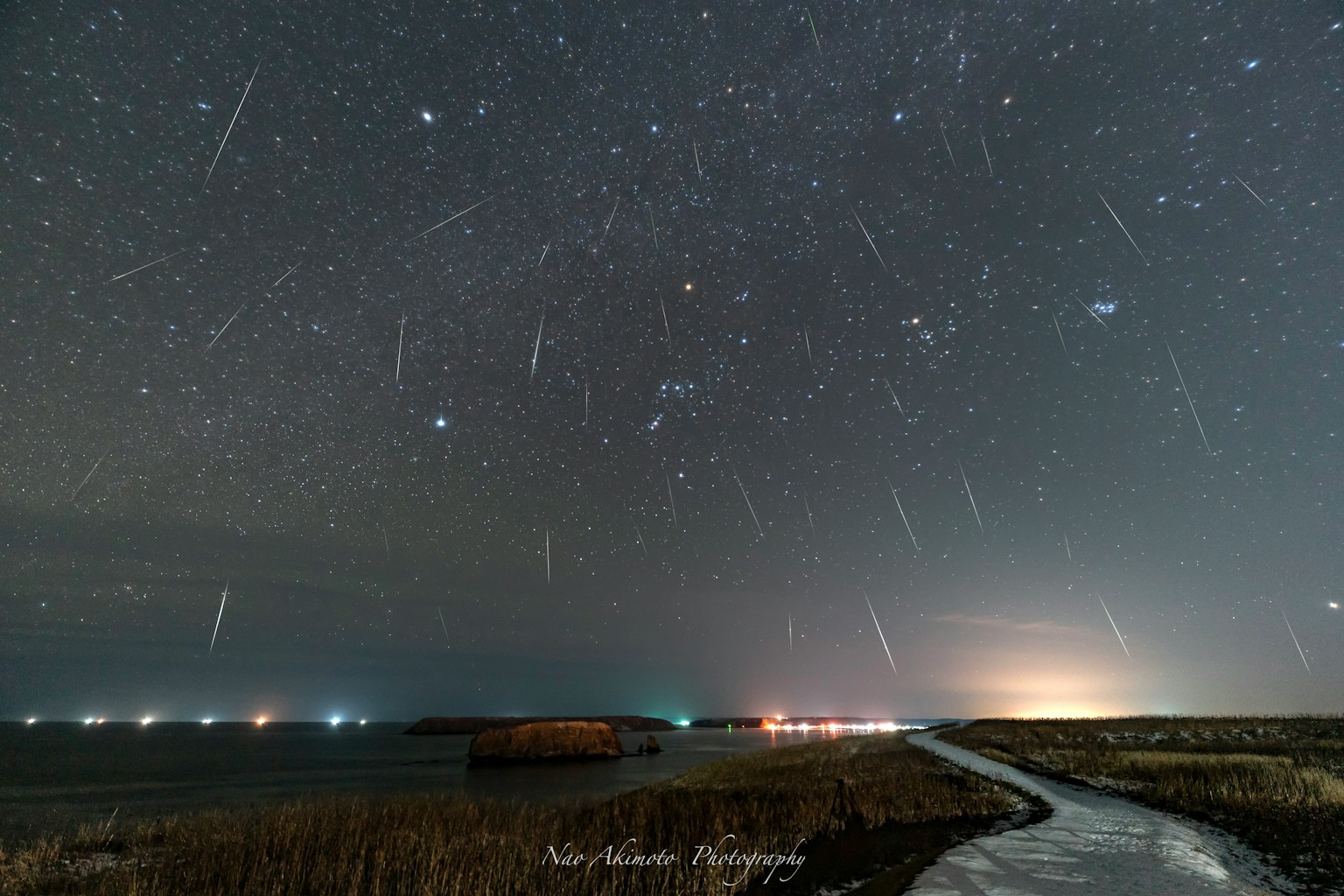 美麗的夜空充滿流星和水邊小道