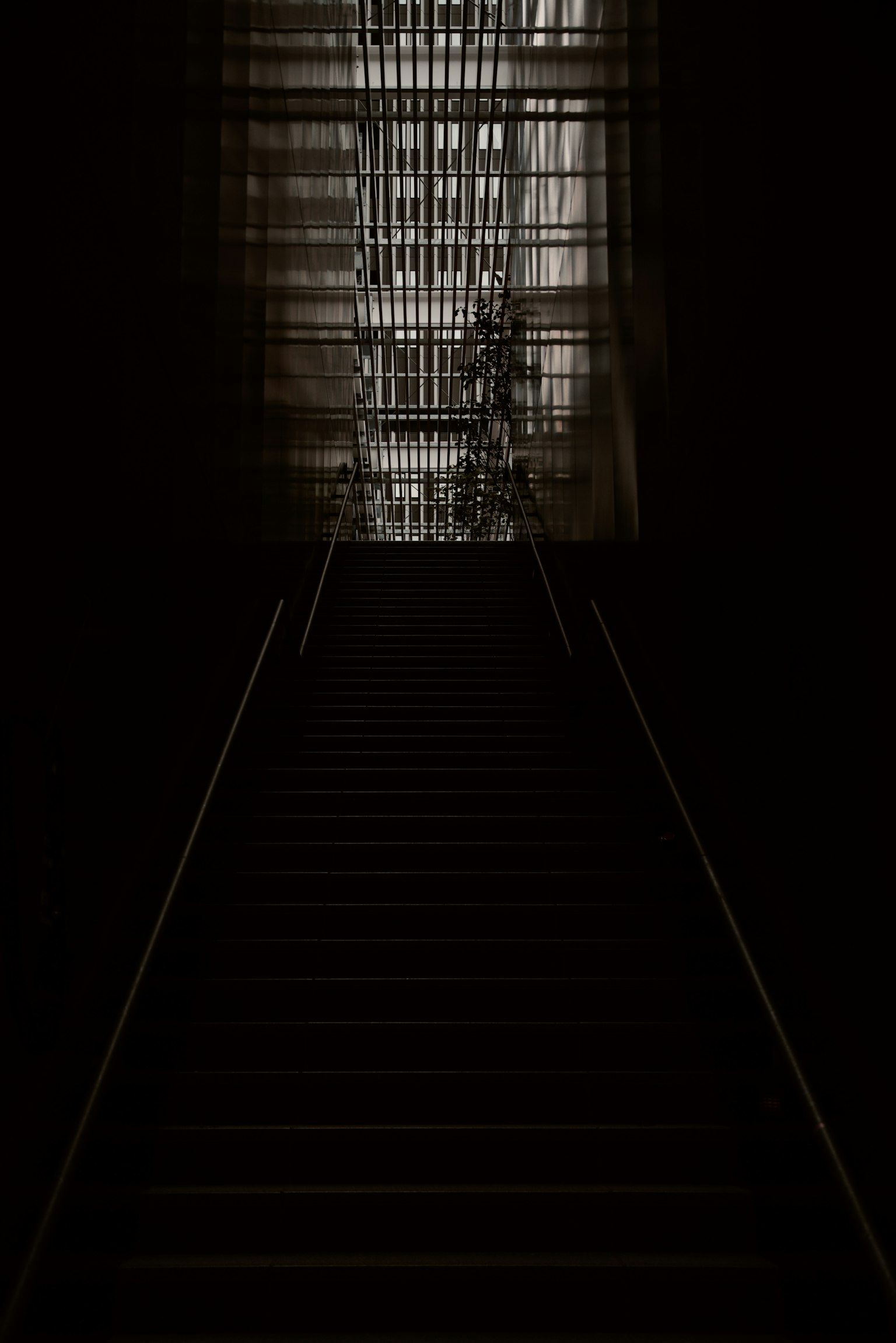 어두운 공간으로 이어지는 계단과 빛이 비치는 모습