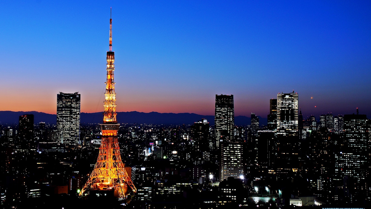 東京塔在夜間照亮，城市天際線