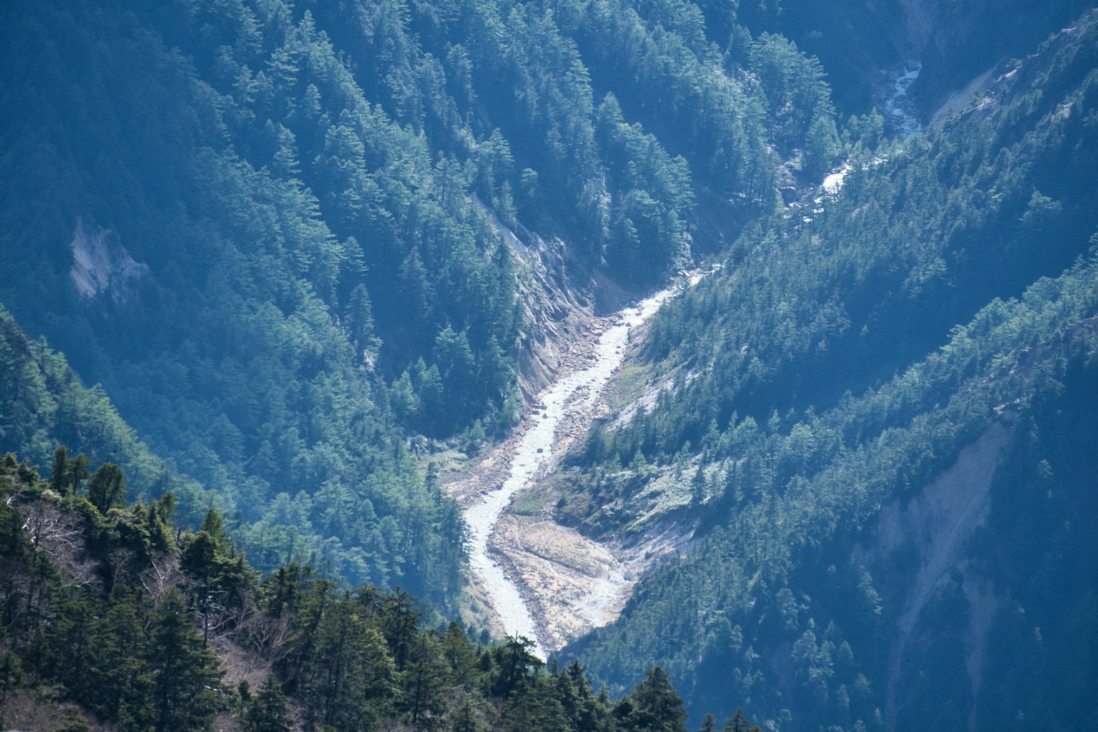 Una vista panoramica di una valle con montagne blu e foreste verdi