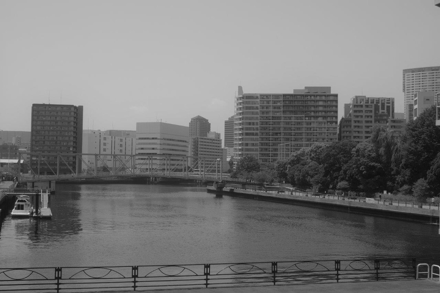 Image en noir et blanc d'une rivière avec un paysage urbain