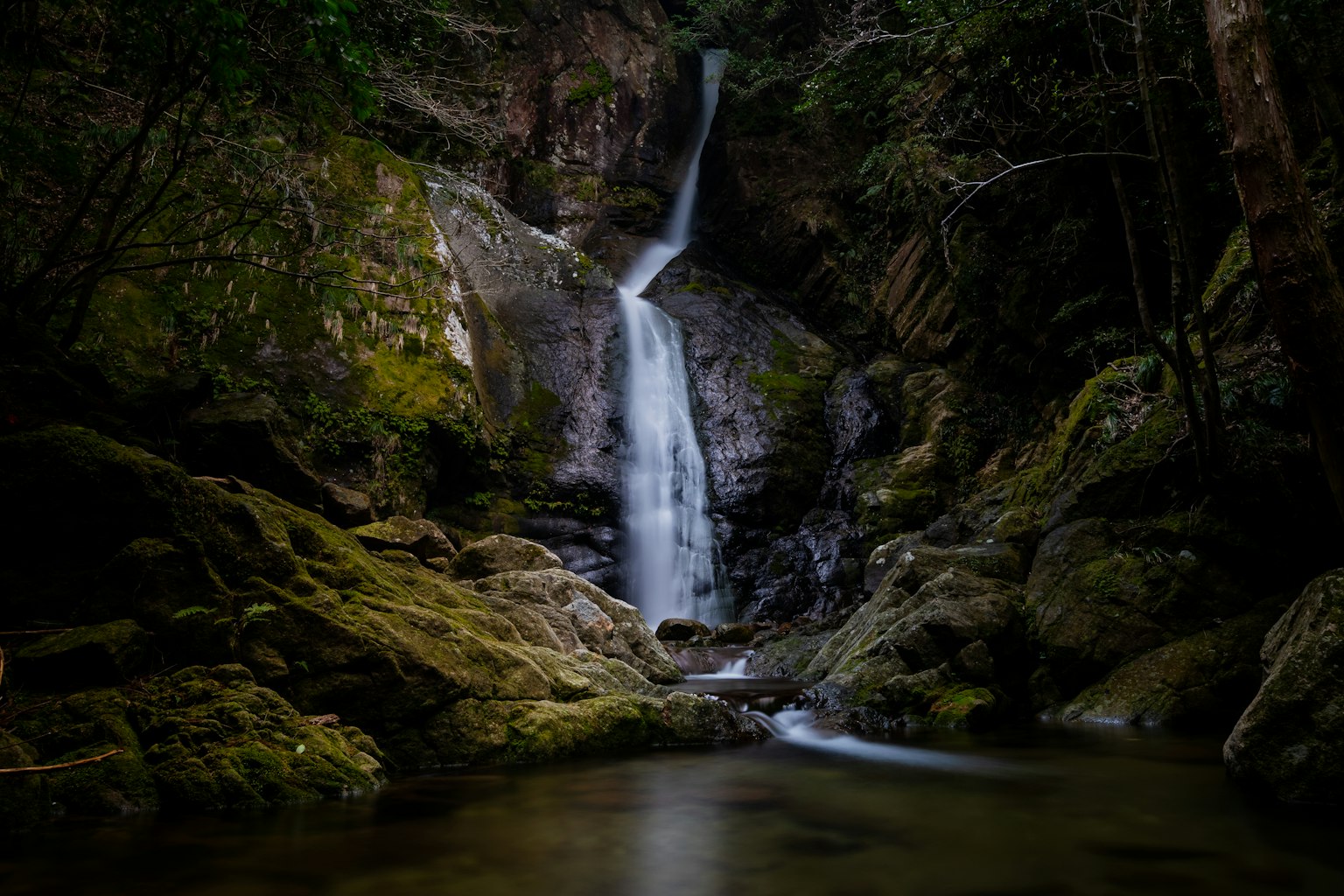 Une cascade descendant à travers une forêt luxuriante roches et eau calme autour de la base