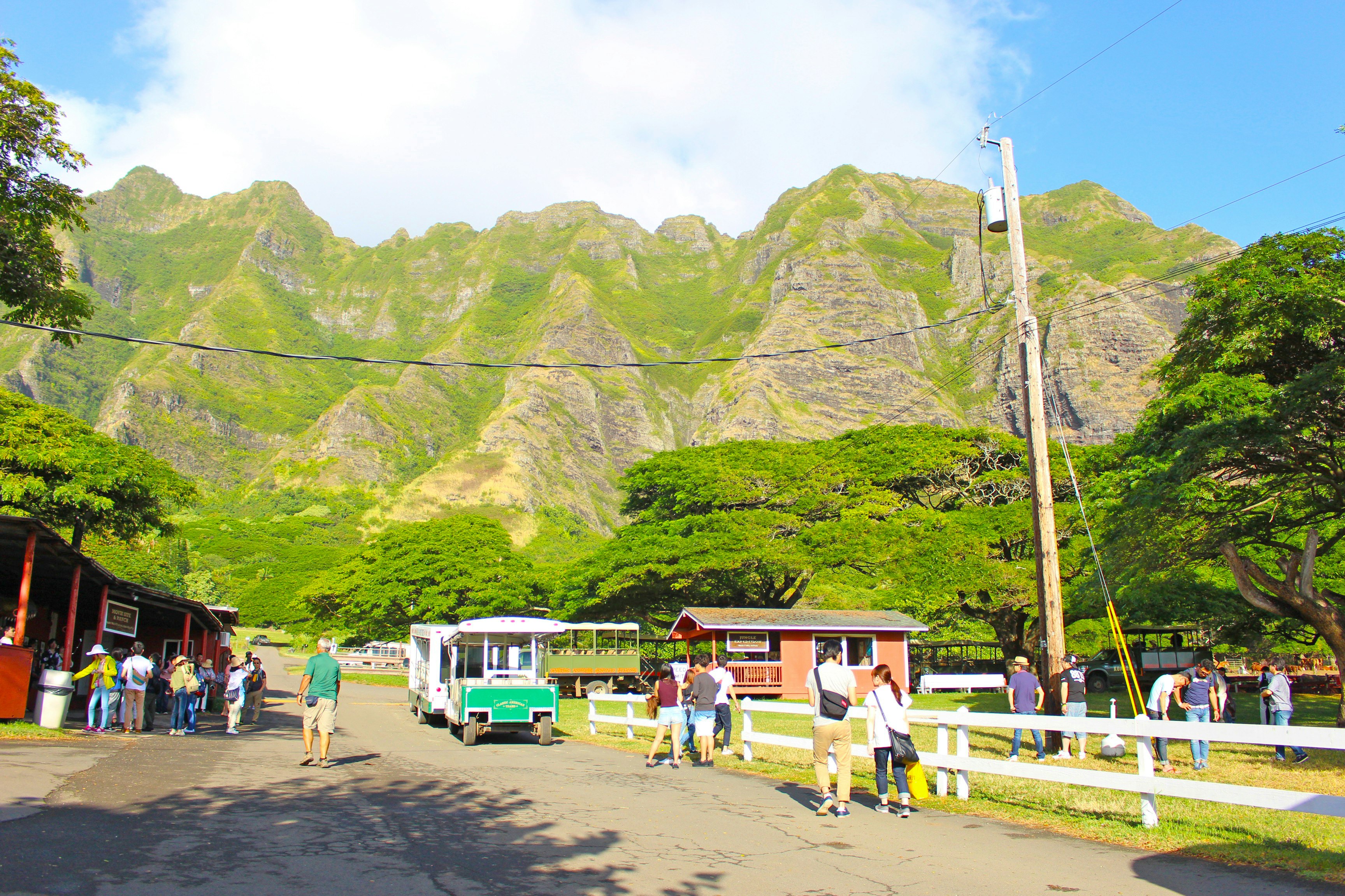 以青翠群山为背景的旅游道路与公交站