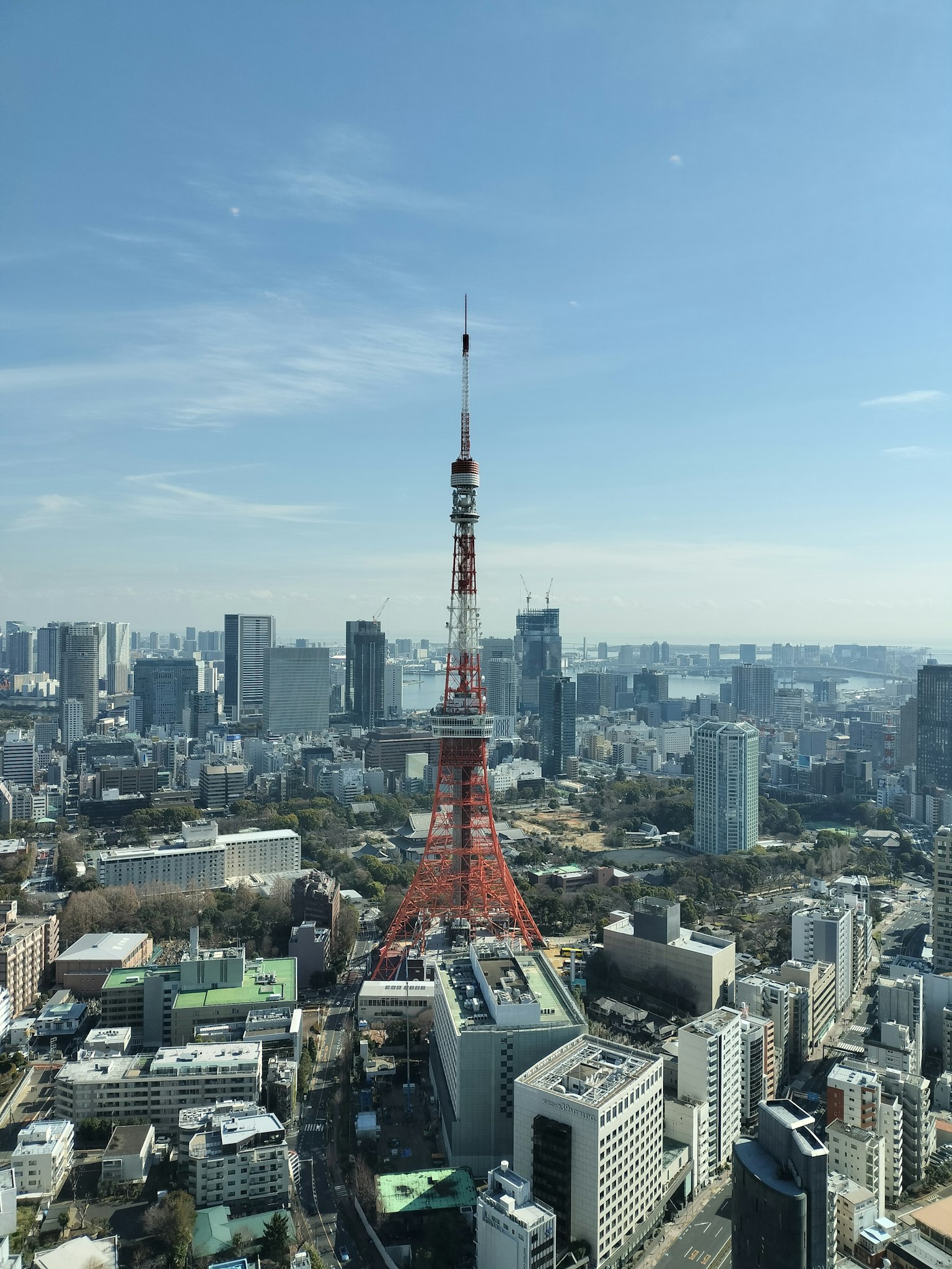 Pemandangan kota dengan Menara Tokyo di bawah langit biru yang cerah