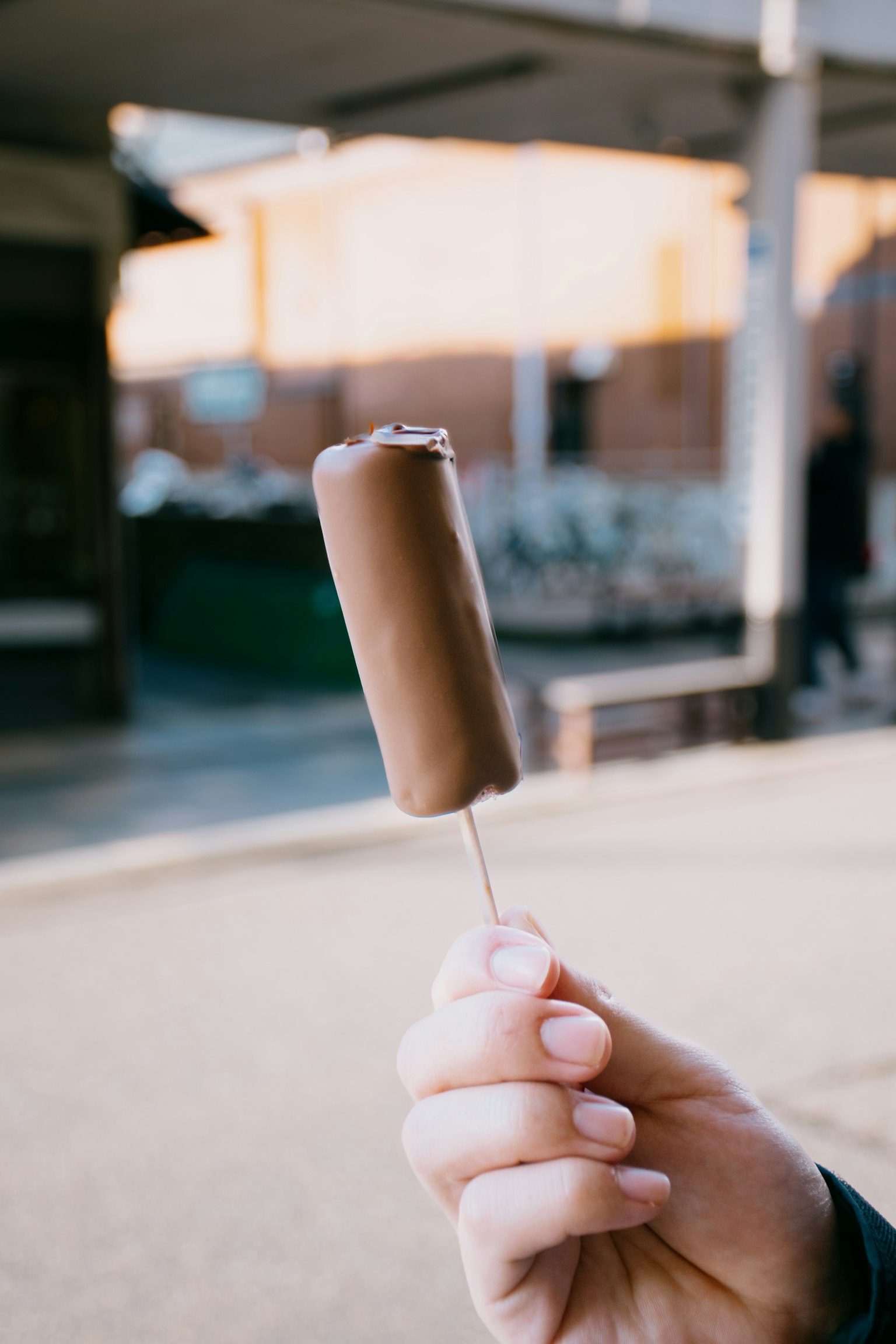 A person holding a chocolate ice cream on a stick