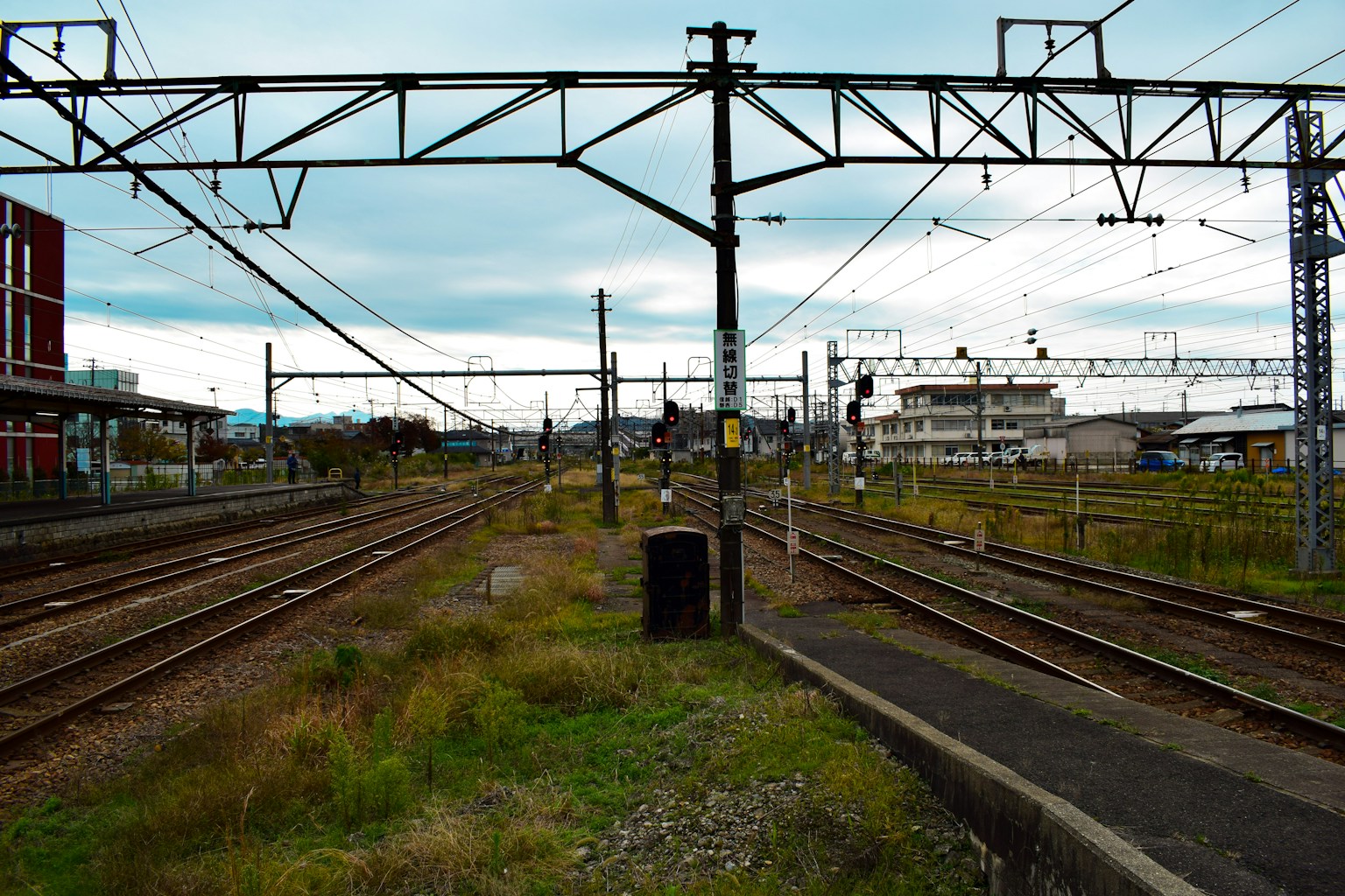 Eisenbahngleise und Oberleitungen in einer Landschaft mit bewölktem Himmel und grasbewachsenen Flächen