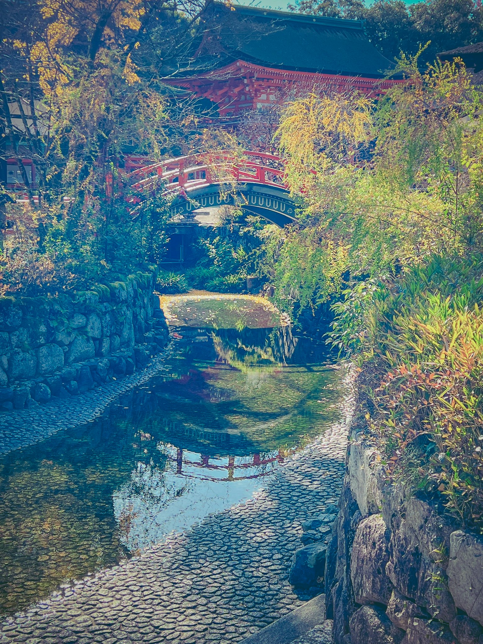 Vista escénica de un jardín japonés con un puente y reflejos en el agua rodeado de plantas coloridas