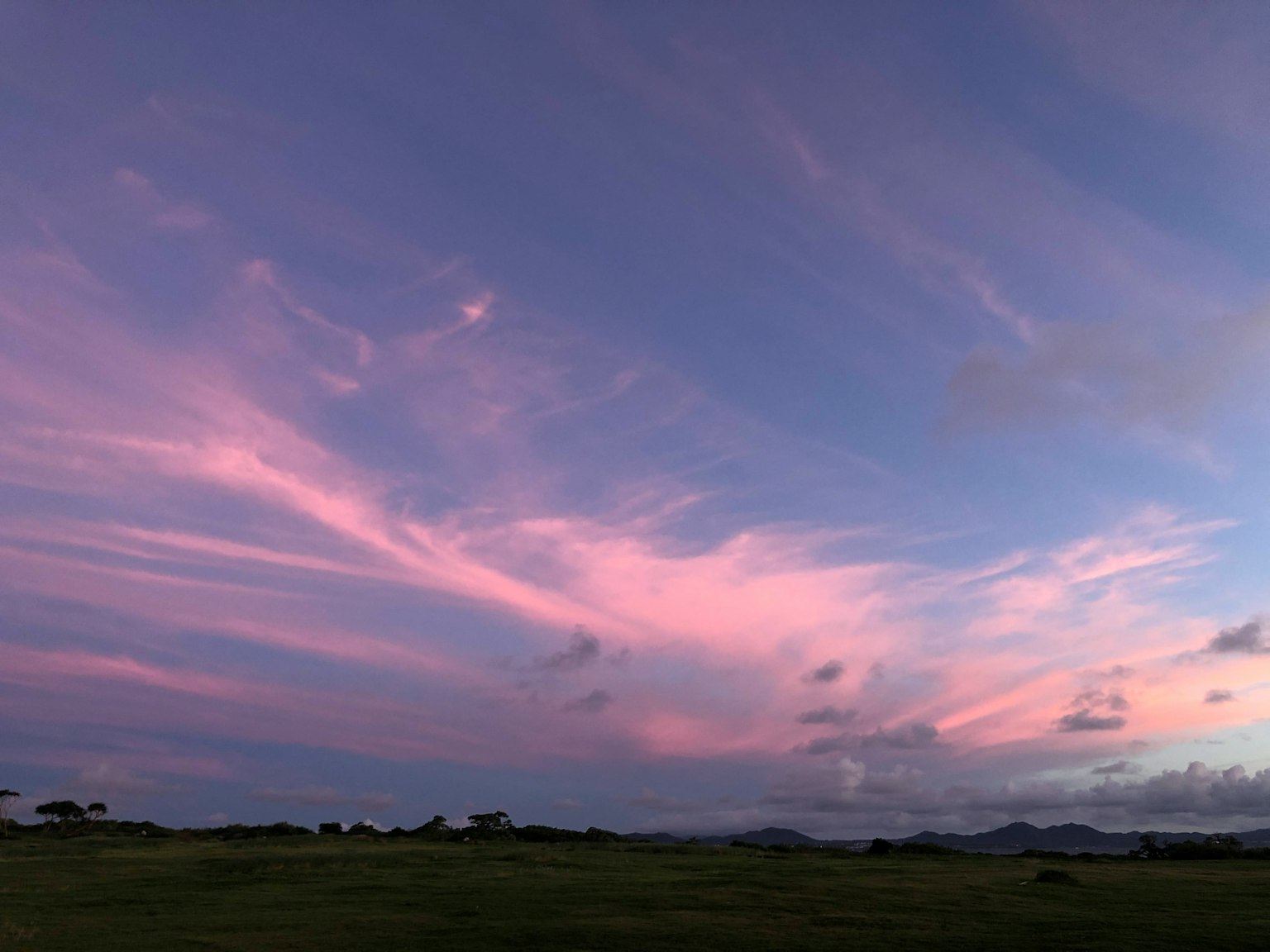 Nubes rosas suaves contra un cielo azul durante el atardecer