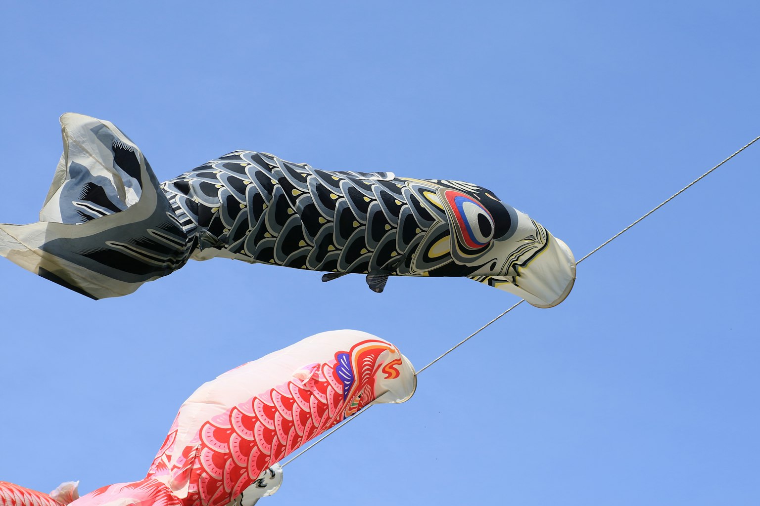 Des carpes en papier volant dans le ciel bleu avec des couleurs vives