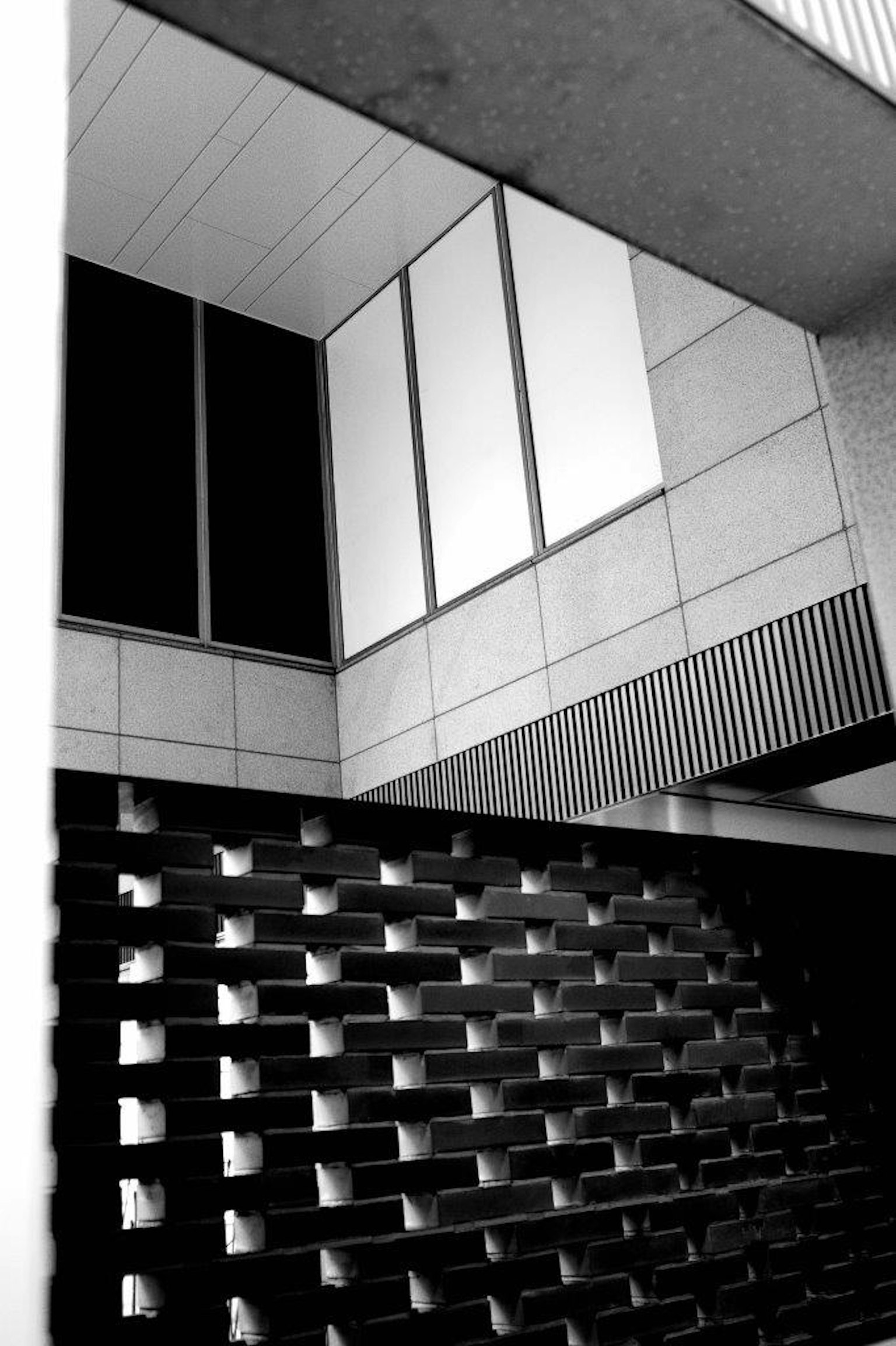 Image en noir et blanc d'une architecture moderne avec des fenêtres angulaires et un design linéaire