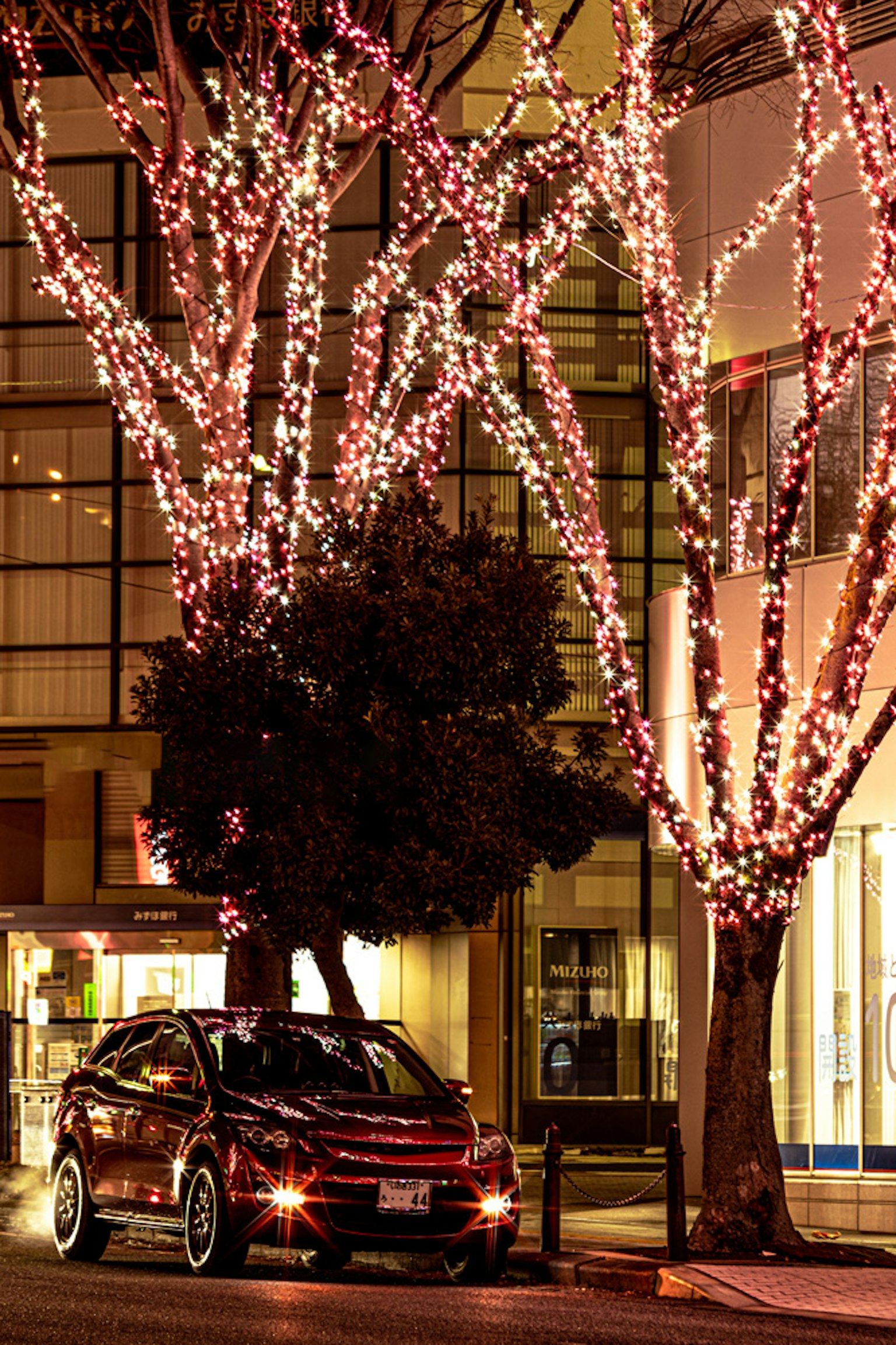 Scène nocturne avec des lumières roses sur des arbres et une voiture rouge