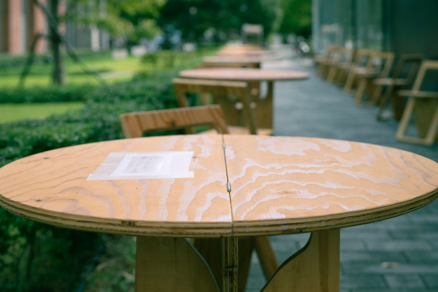 Mesas de madera alineadas en un café con vista a un jardín verde