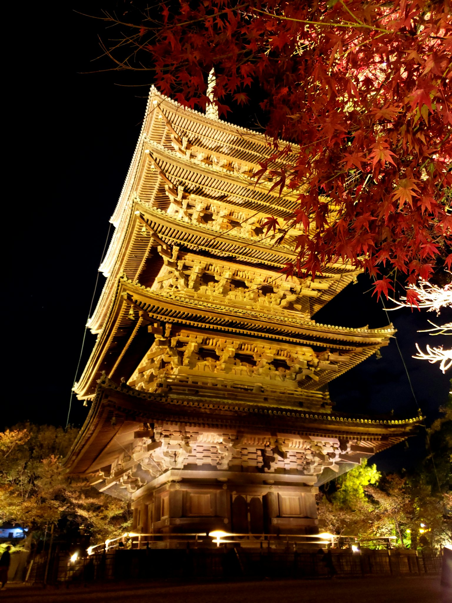 夜晚金色宝塔被秋叶环绕