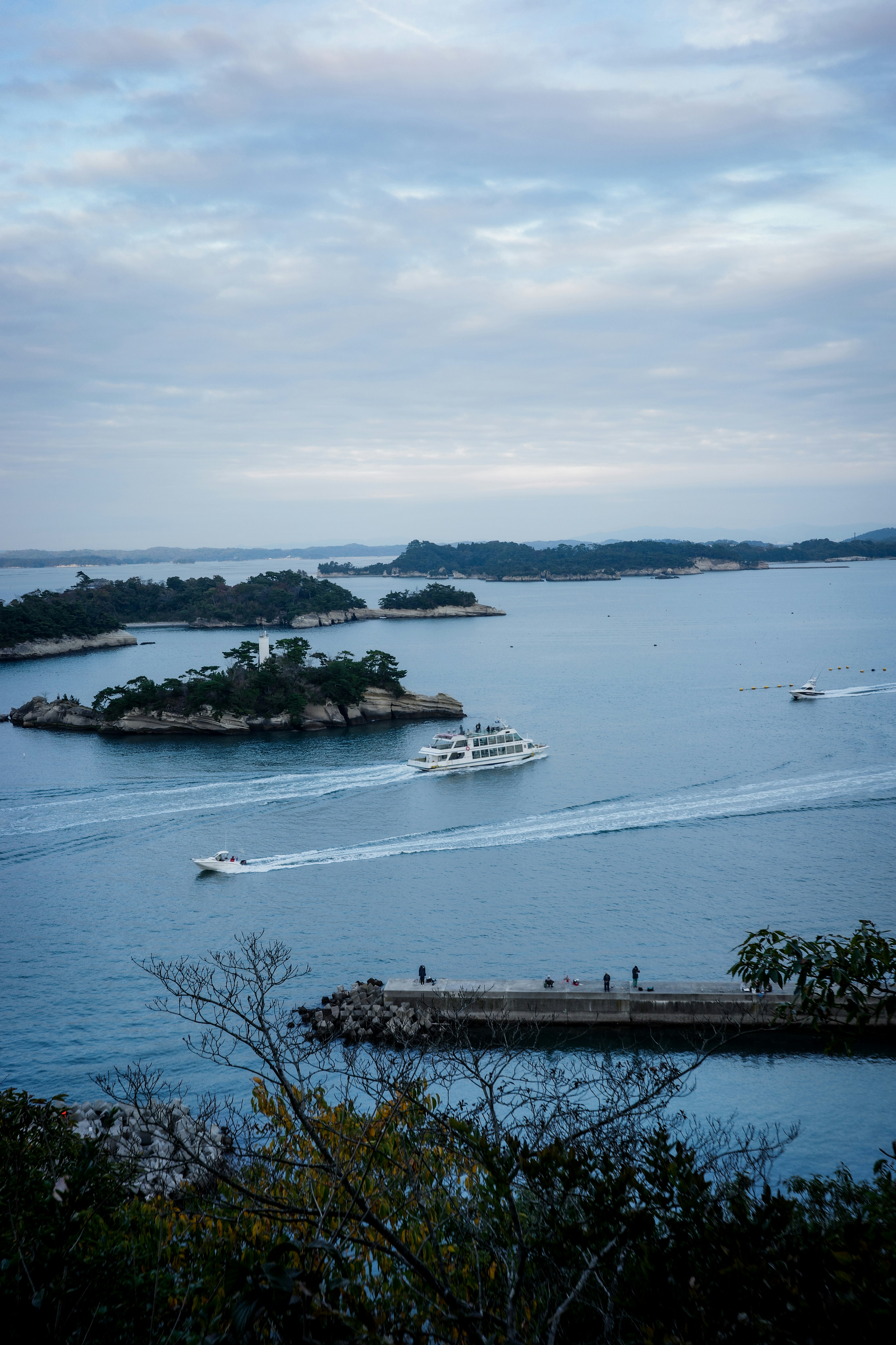 海に浮かぶ小島と桟橋のある湾の景色