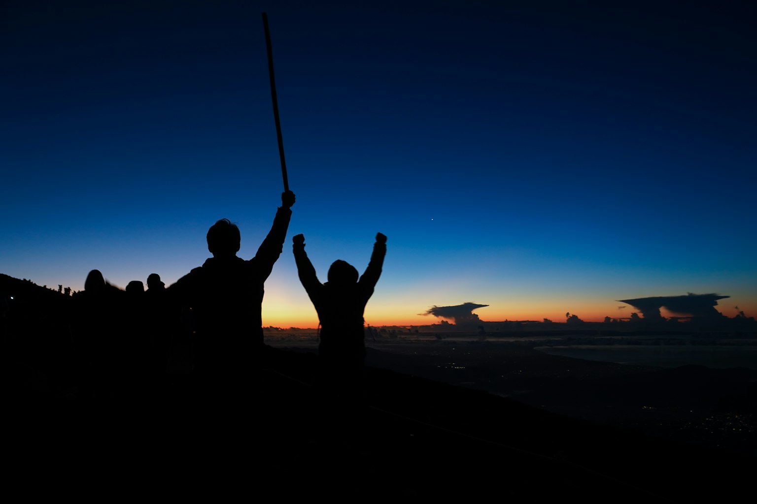 Silhouette of two people celebrating against a sunset backdrop