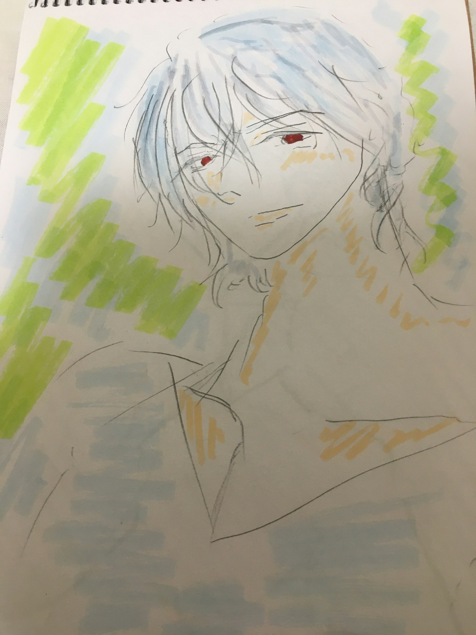 浅色男性角色的素描，蓝色头发和红色眼睛，背景有绿色笔触