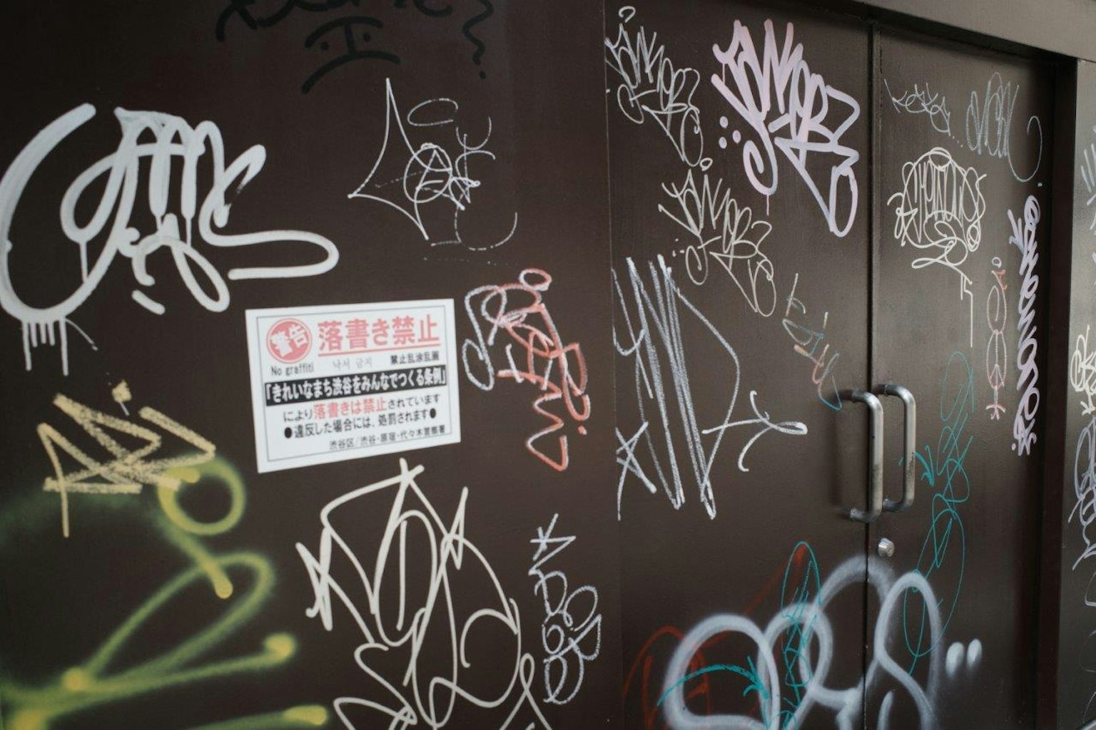 黑色门上覆盖着五彩斑斓涂鸦的图像