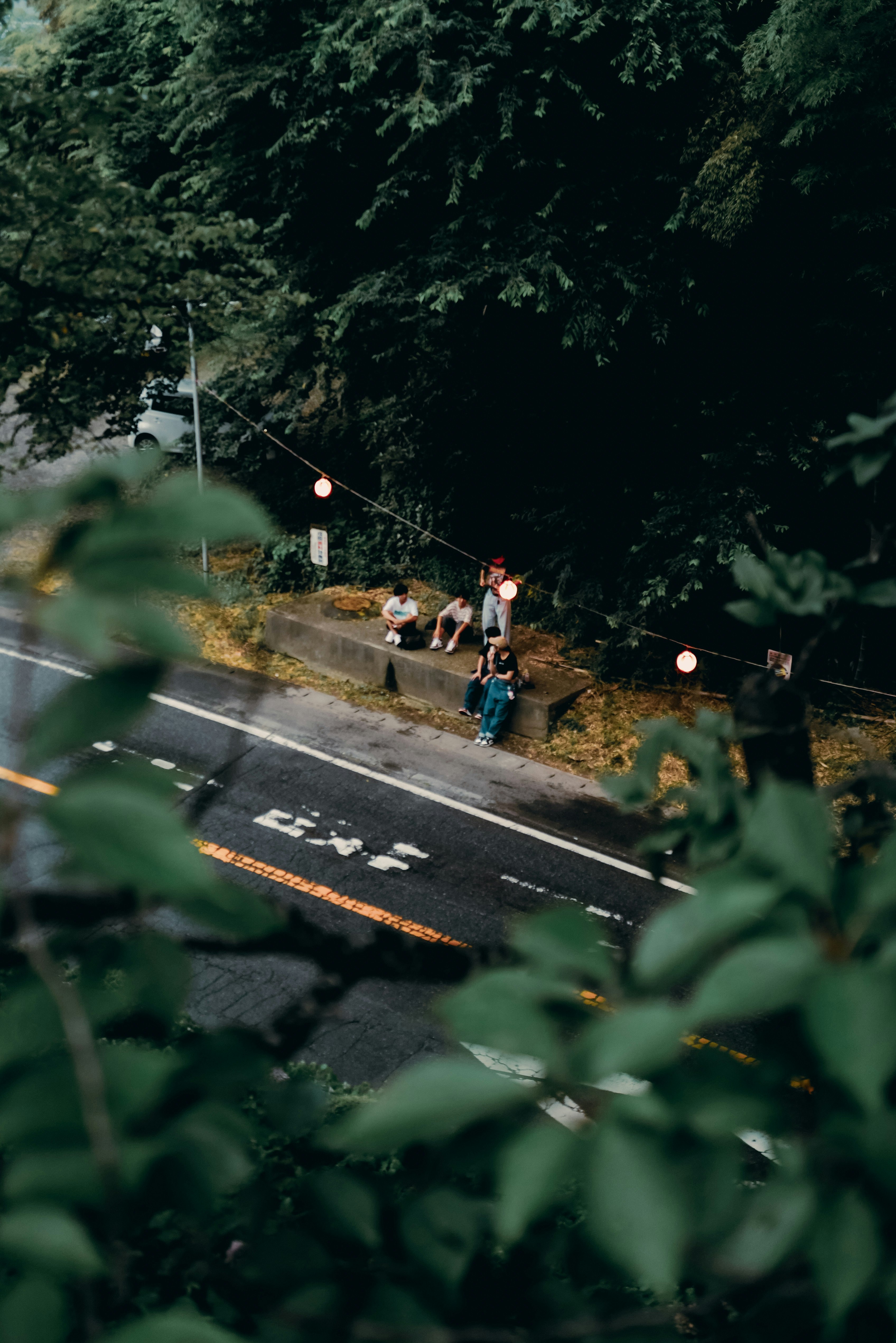 木々に囲まれた小道で休む人たちのある交差点