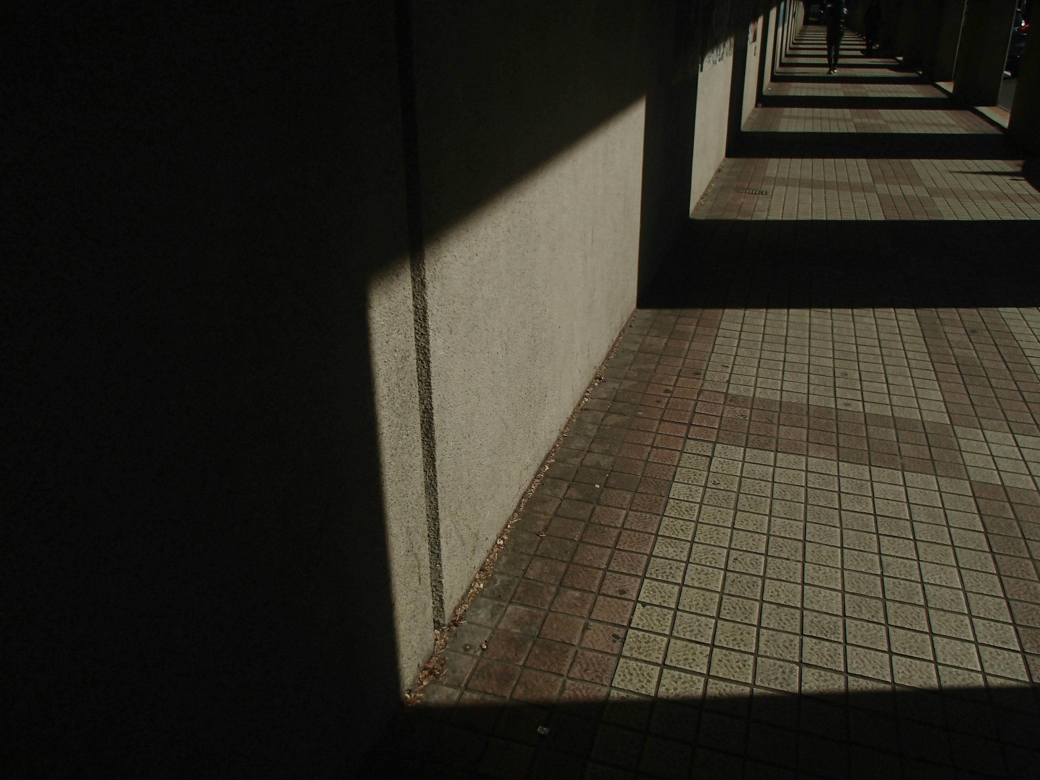 建物の壁際のタイル張りの通路と奥行きのある廊下