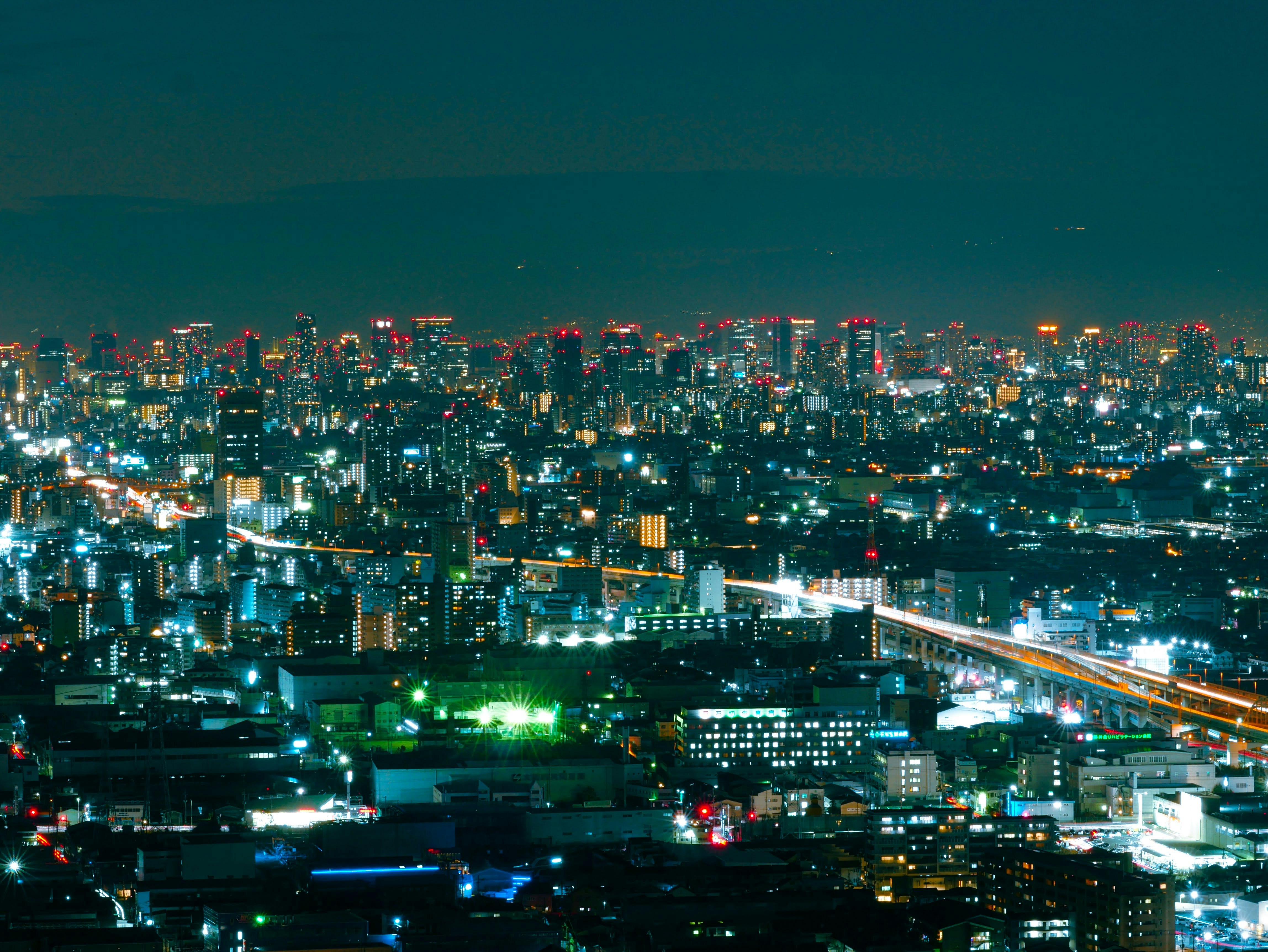 夜景の広がる大都市の街並みと川にかかる橋の光