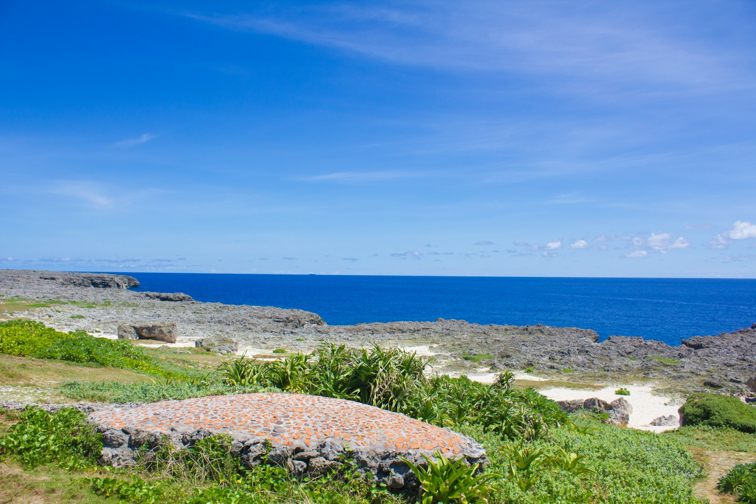 Vista escénica del océano azul y el cielo con vegetación verde y costa rocosa