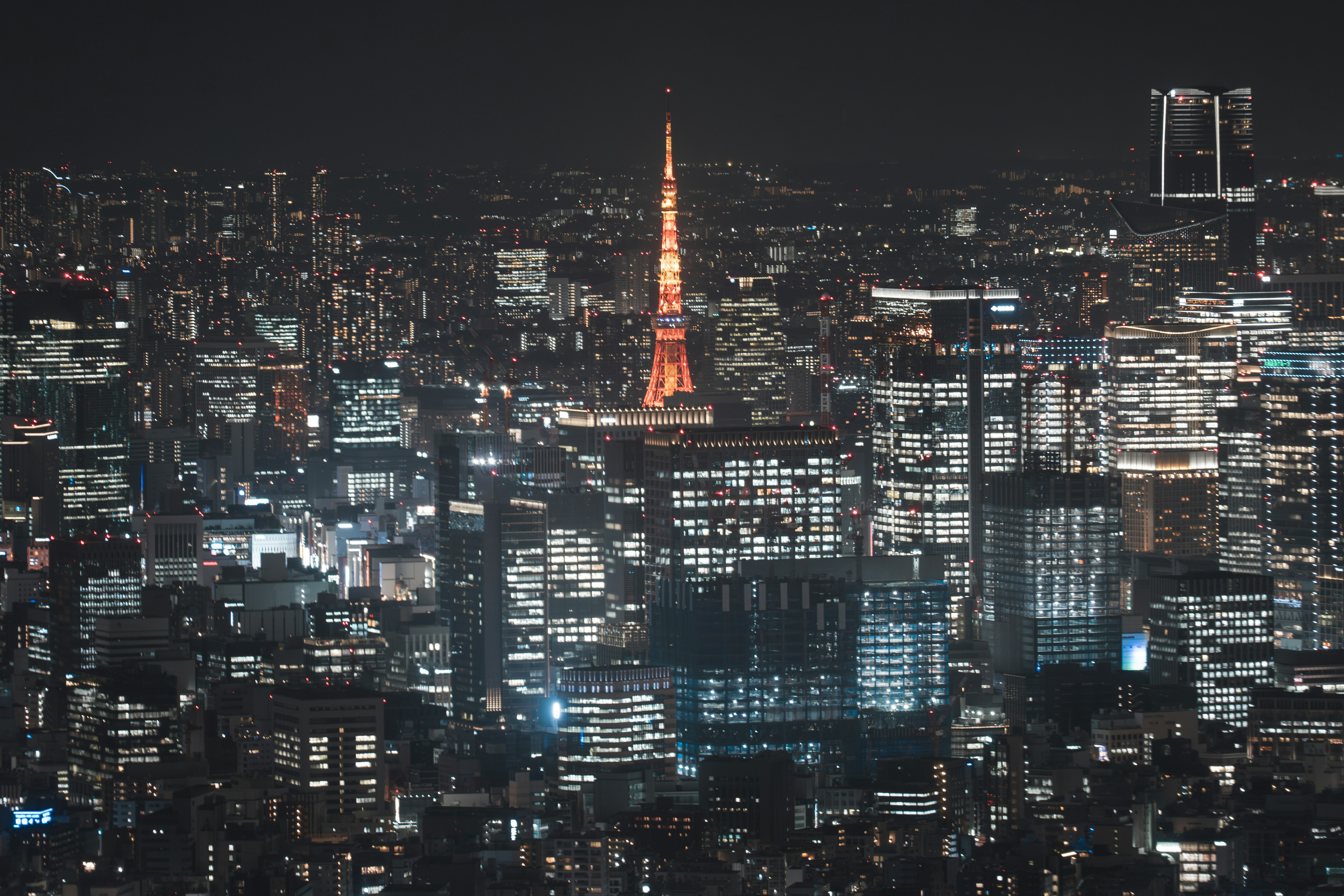 東京スカイツリー周辺の夜景を見下ろす大都市の高層ビル群