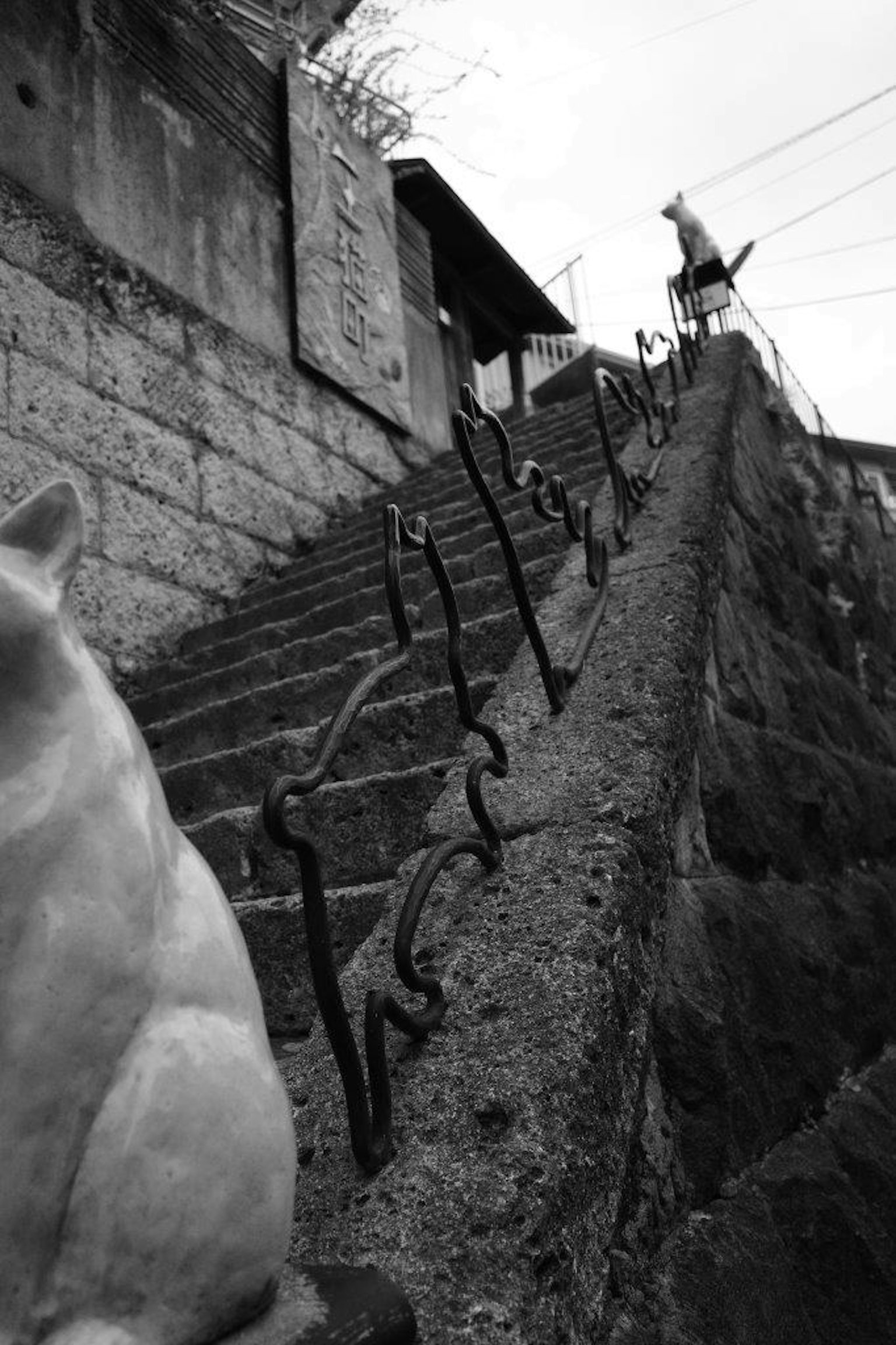 Imagen en blanco y negro de escaleras con una persona subiendo y barandillas