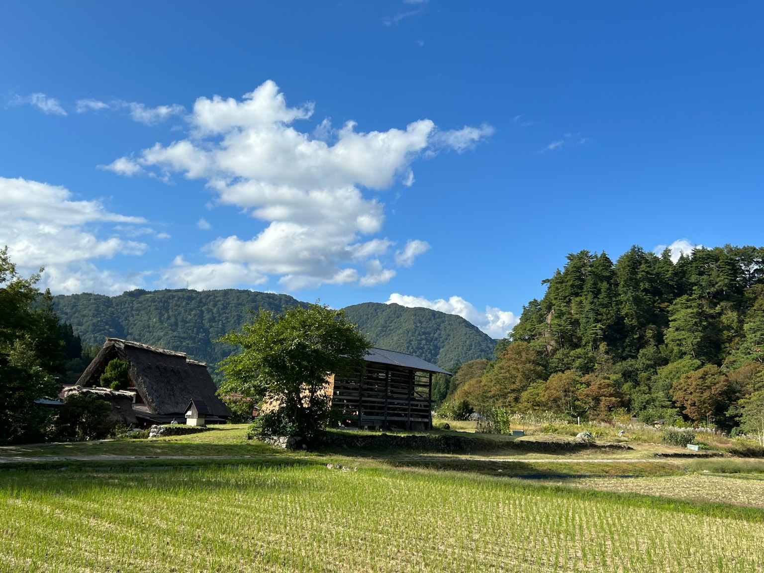 ทิวทัศน์ชนบทที่สวยงามพร้อมบ้านญี่ปุ่นแบบดั้งเดิมใต้ท้องฟ้าสีฟ้า